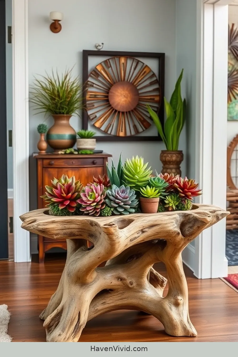 10 Creative Artistic Entryway Designs Using Reclaimed Materials 9 Driftwood Accent Table for 10 Creative Artistic Entryway Designs Using Reclaimed Materials