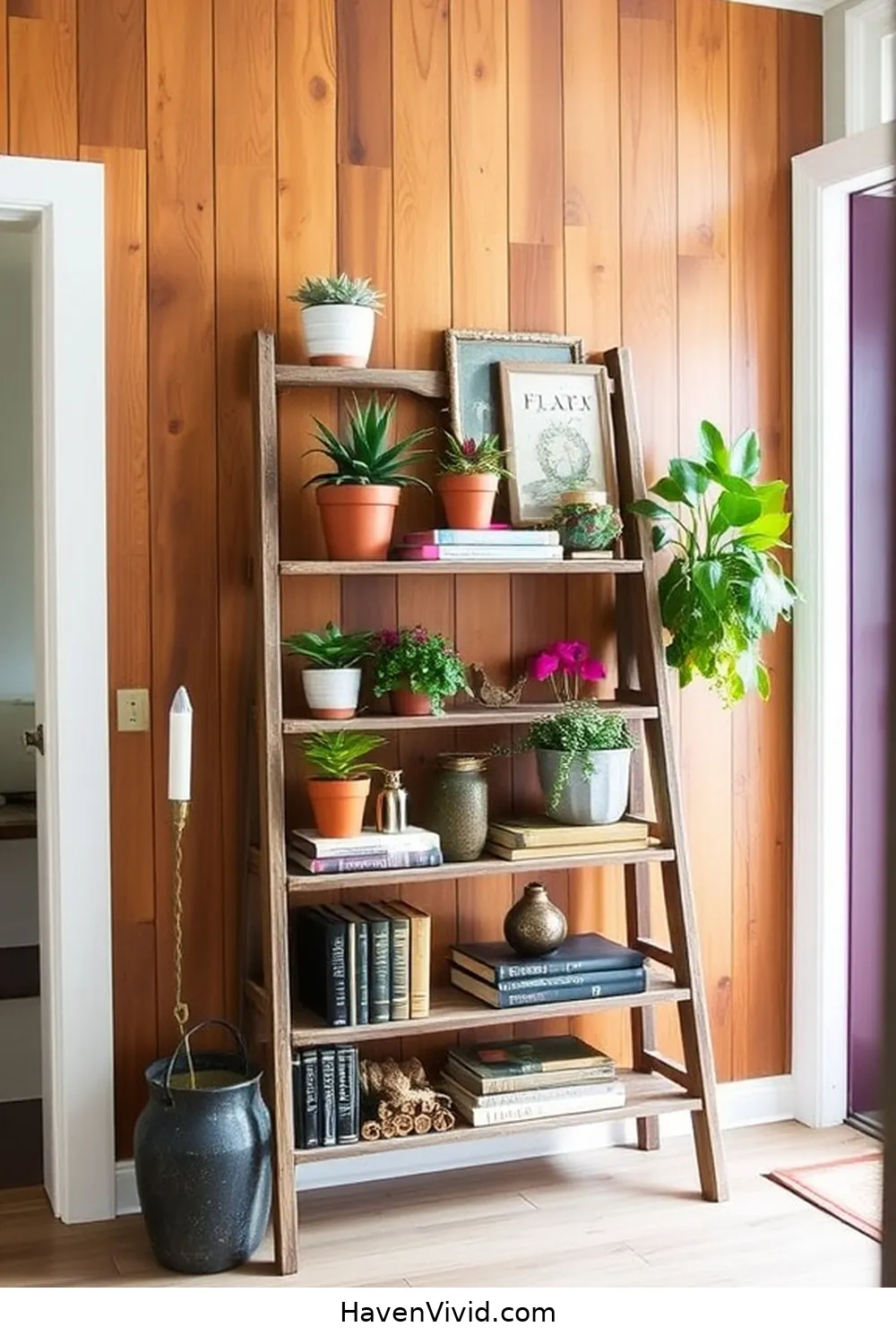 10 Creative Artistic Entryway Designs Using Reclaimed Materials 7 Upcycled Ladder Display Shelf for 10 Creative Artistic Entryway Designs Using Reclaimed Materials