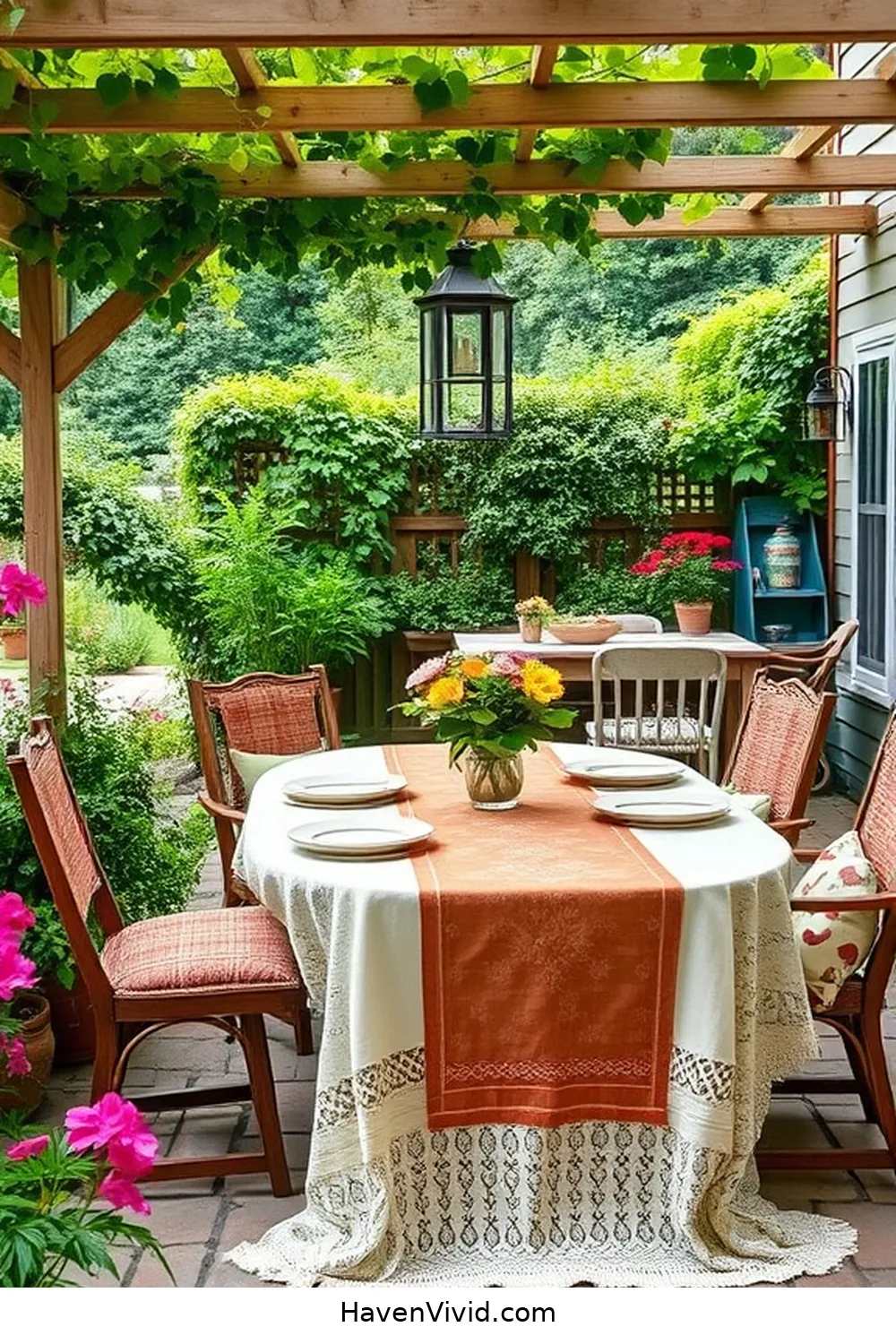 10 Creative Ways for Farmhouse Living in Your Outdoor Patio Using Upcycled Fabric 4 Vintage Tablecloths as Table Runners for 10 Creative Ways for Farmhouse Living in Your Outdoor Patio Using Upcycled Fabric