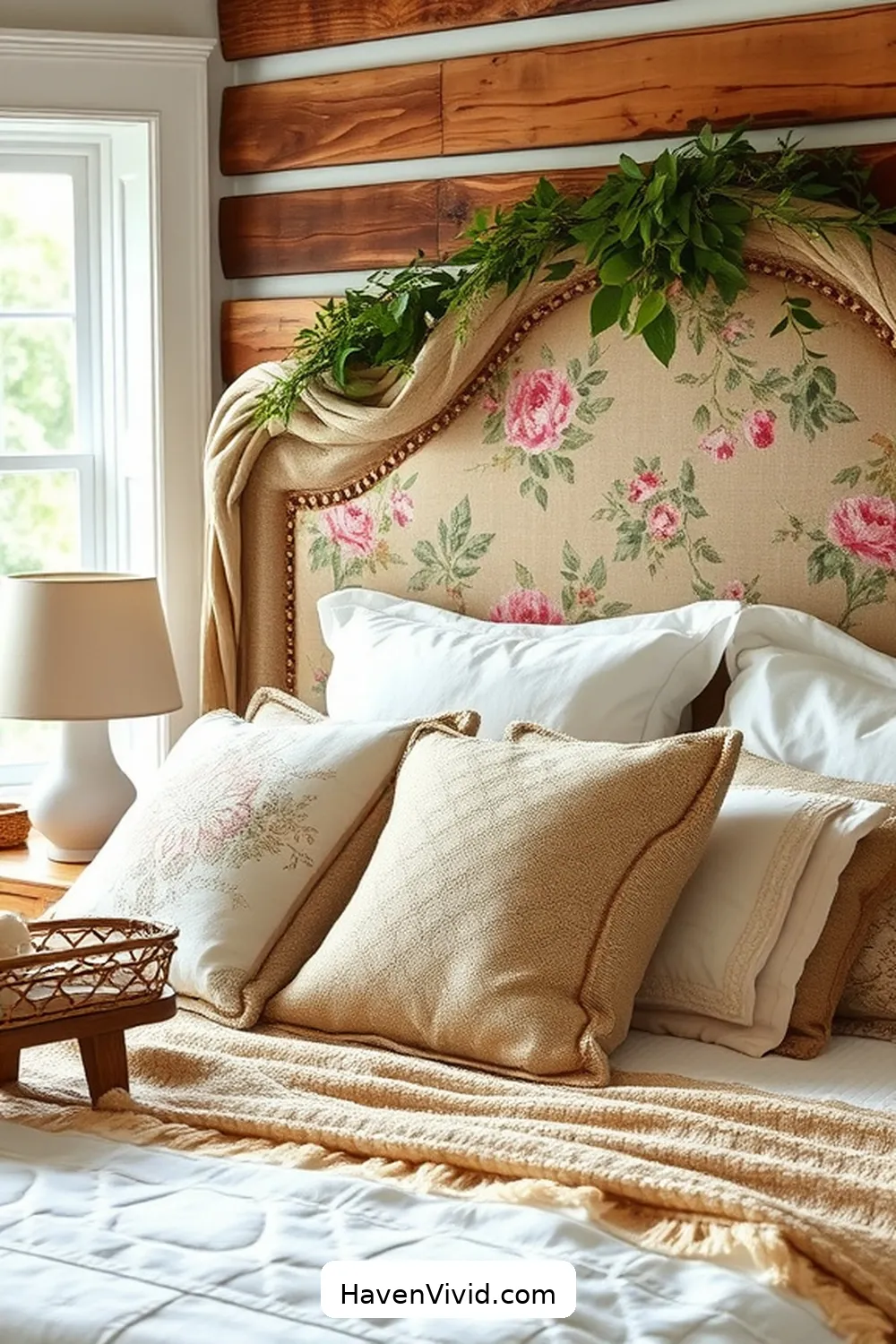 11 Ways to Achieve Farmhouse Living in Your Bedroom Using Upcycled Fabric 6 Vintage Fabric Headboard for 11 Ways to Achieve Farmhouse Living in Your Bedroom Using Upcycled Fabric
