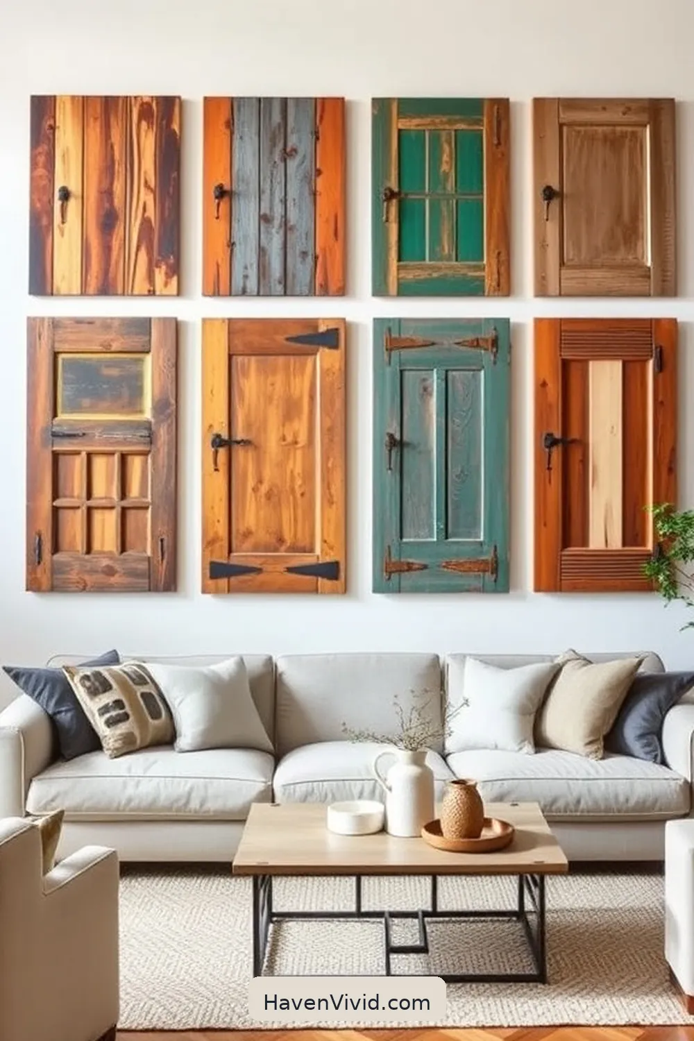 11 Ways to Embrace Minimalist Lifestyle in Your Living Room Using Reclaimed Materials 5 Salvaged Doors as Wall Art for 11 Ways to Embrace Minimalist Lifestyle in Your Living Room Using Reclaimed Materials
