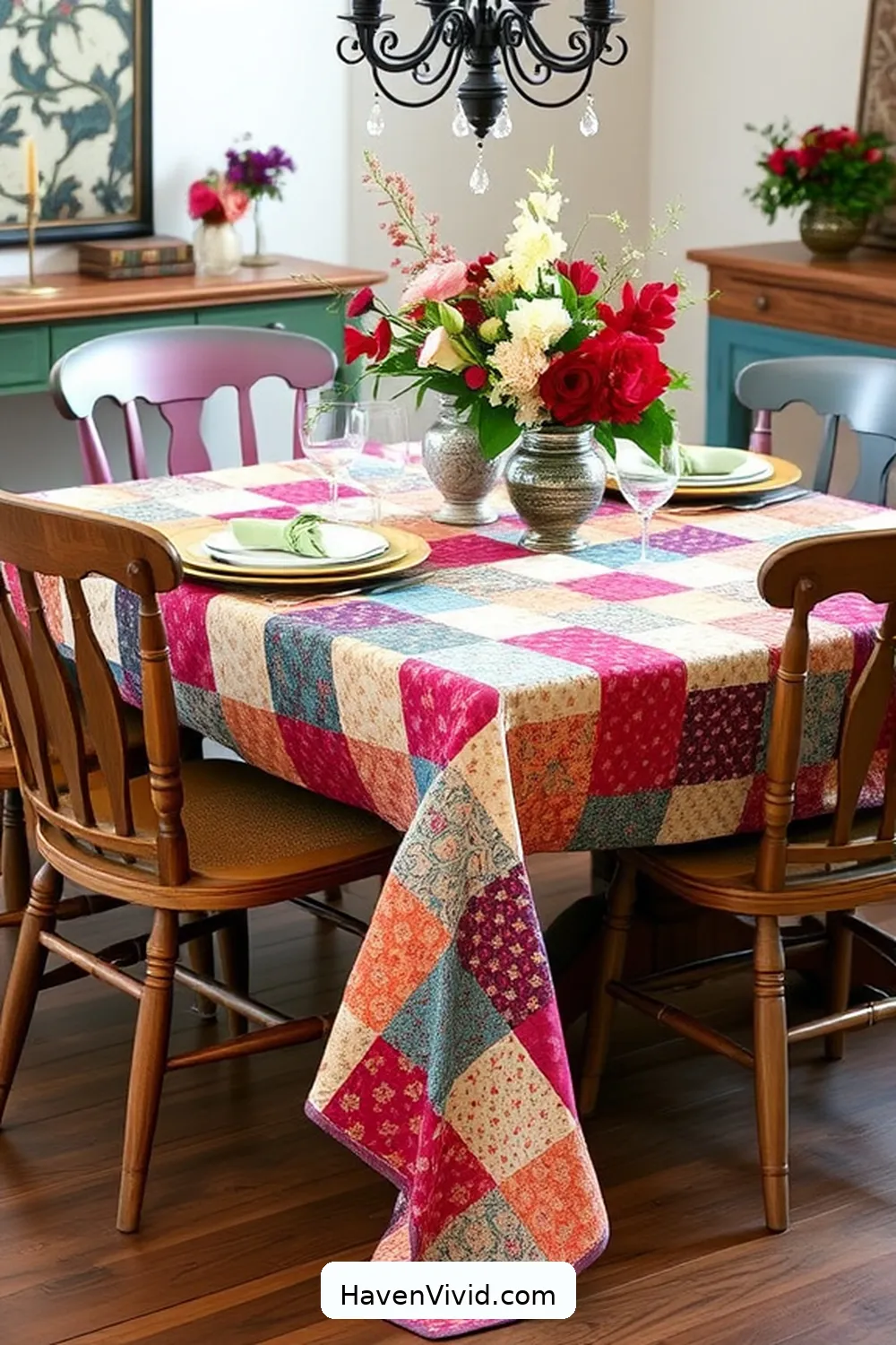 12 Creative Ways to Transform Dining Room Spaces Using Upcycled Fabric 6 Craft a Patchwork Tablecloth for 12 Creative Ways to Transform Dining Room Spaces Using Upcycled Fabric