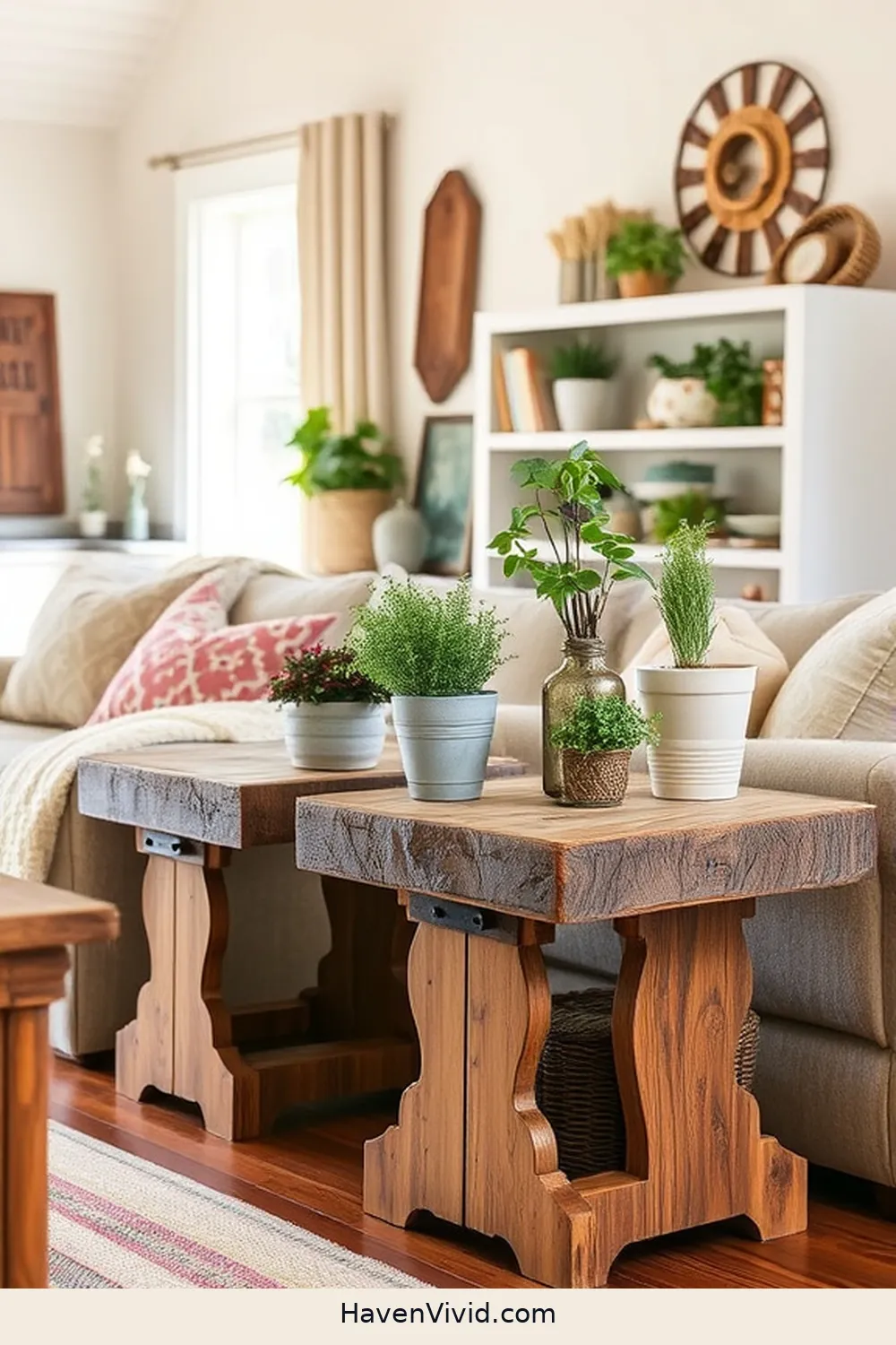 12 Ways to Create Farmhouse Charm in a Living Room Using Recycled Wood 8 Reclaimed Wood Side Tables for 12 Ways to Create Farmhouse Charm in a Living Room Using Recycled Wood