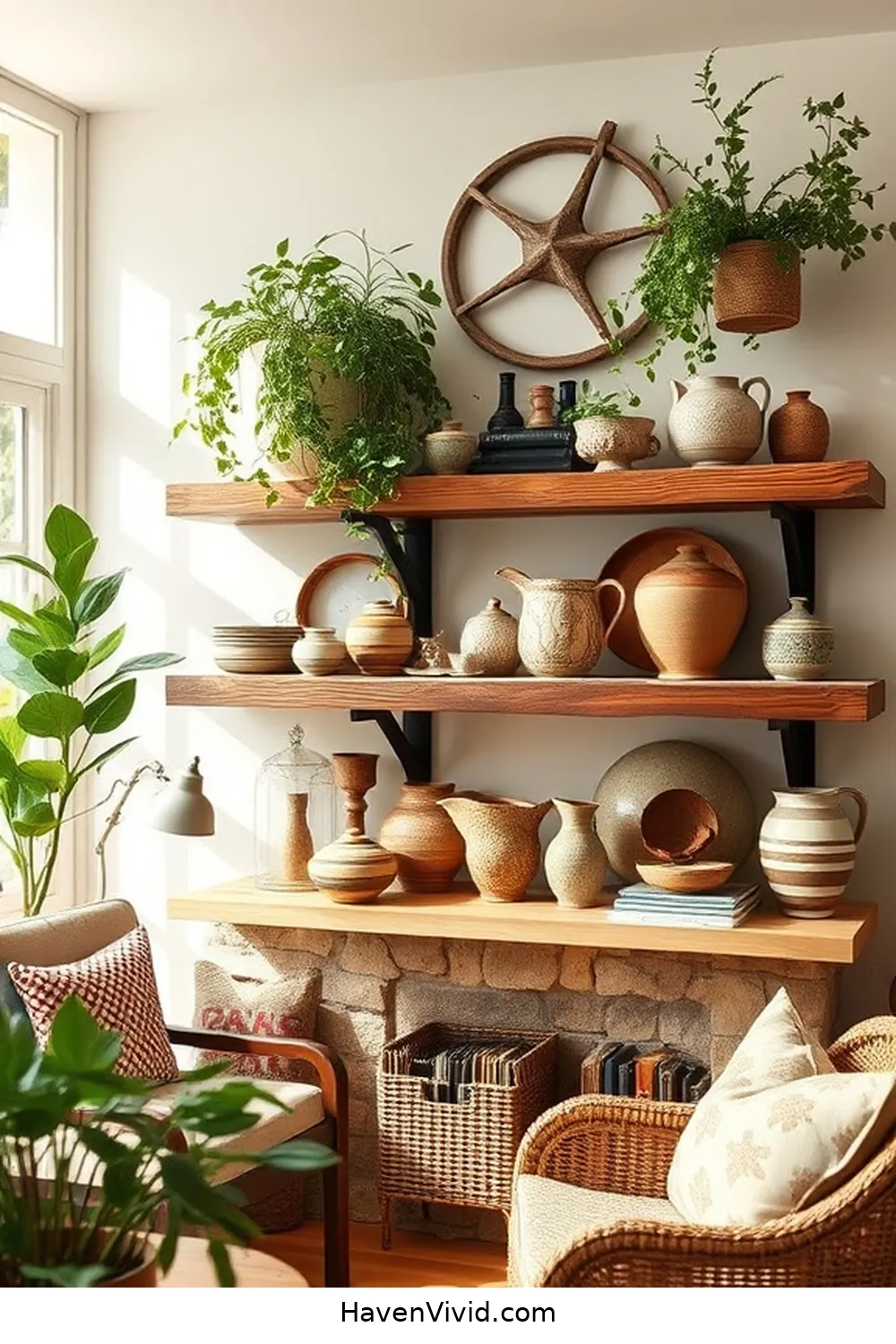 12 Ways to Create Farmhouse Charm in a Living Room Using Recycled Wood 3 Rustic Wooden Shelves for 12 Ways to Create Farmhouse Charm in a Living Room Using Recycled Wood