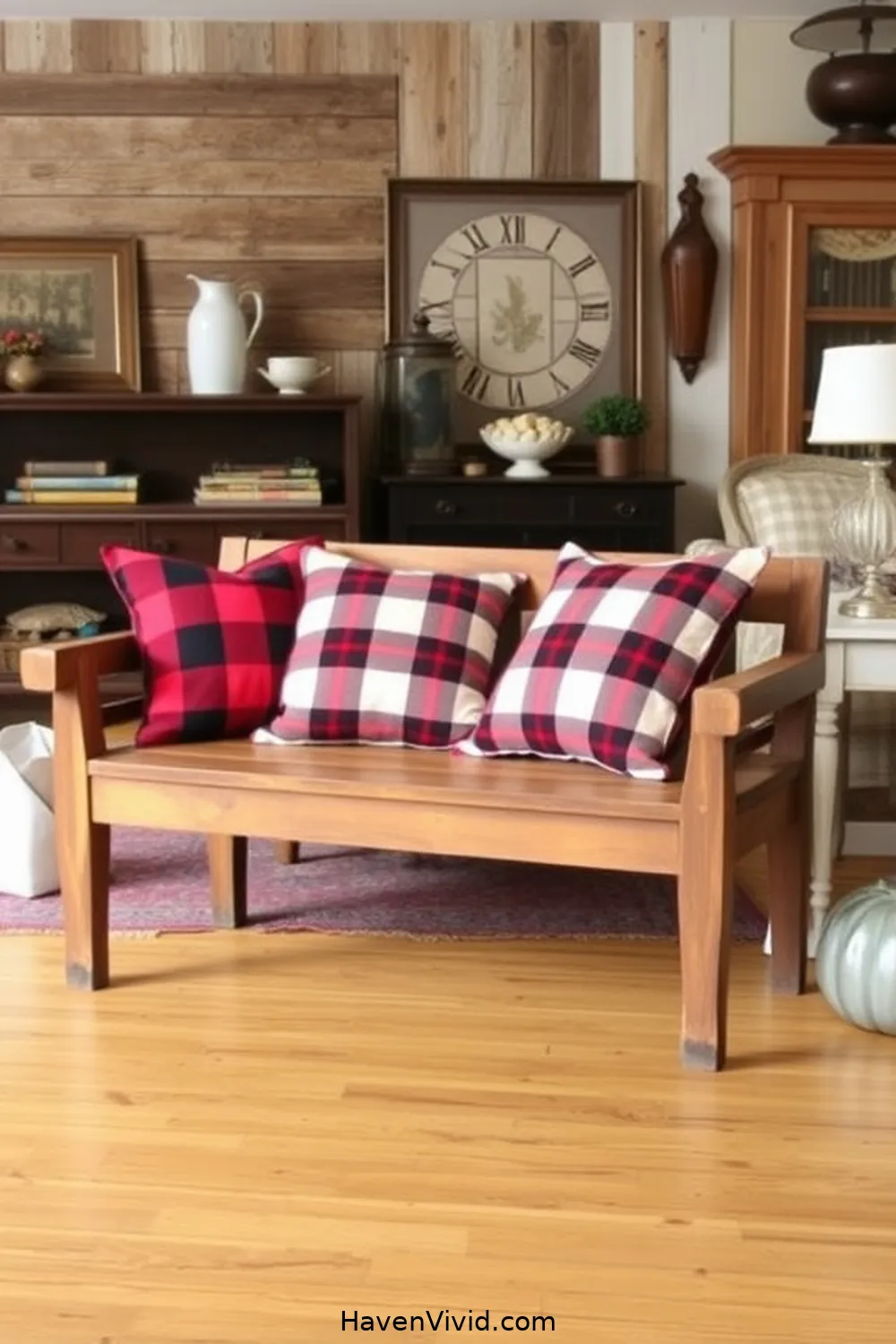 12 Ways to Create Farmhouse Charm in a Living Room Using Recycled Wood 6 Upcycled Wooden Bench for 12 Ways to Create Farmhouse Charm in a Living Room Using Recycled Wood