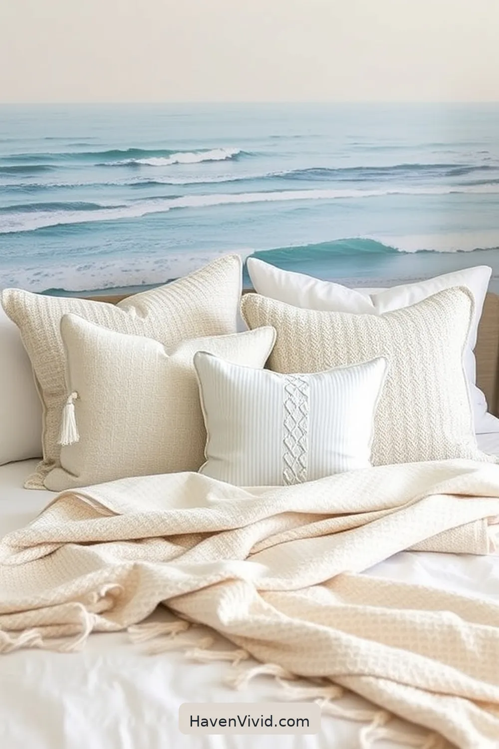 Add Textured Organic Cotton Throw Pillows for 13 Ways to Achieve Coastal Living in Your Bedroom Using Organic Cotton