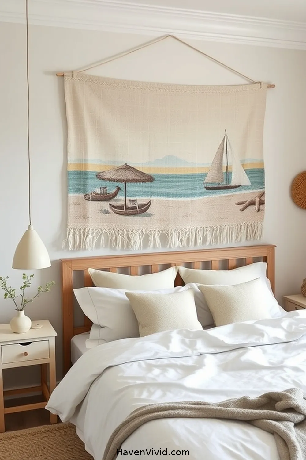 Hang Organic Cotton Wall Art for a Coastal Feel for 13 Ways to Achieve Coastal Living in Your Bedroom Using Organic Cotton