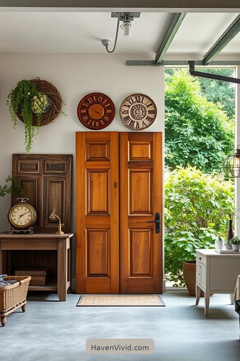 Old Doors as Unique Wall Art for 14 Chic Ways to Create a Glamorous Garage Using Reclaimed Materials