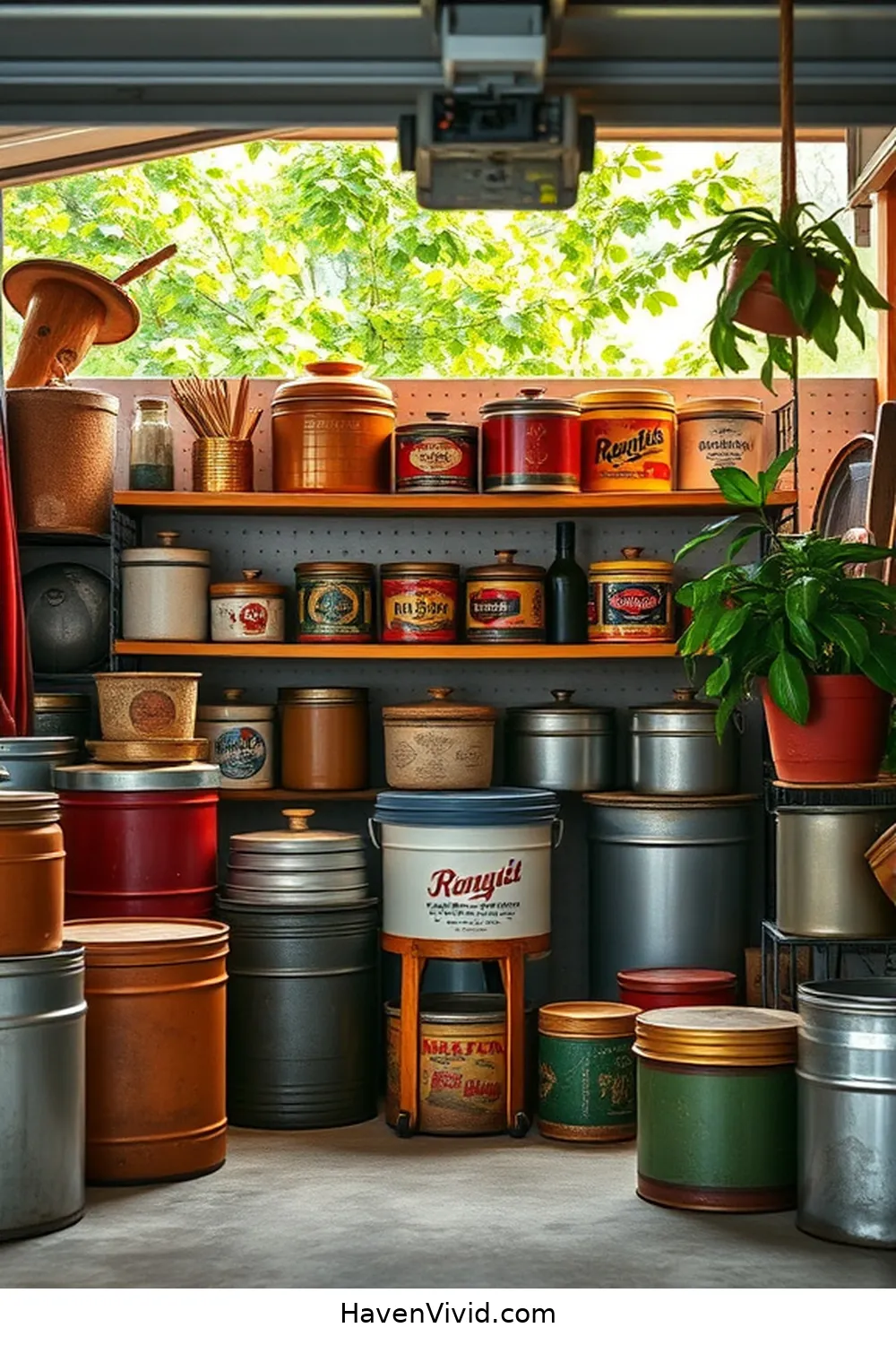 Old Tins and Containers for Organized Storage for 14 Chic Ways to Create a Glamorous Garage Using Reclaimed Materials
