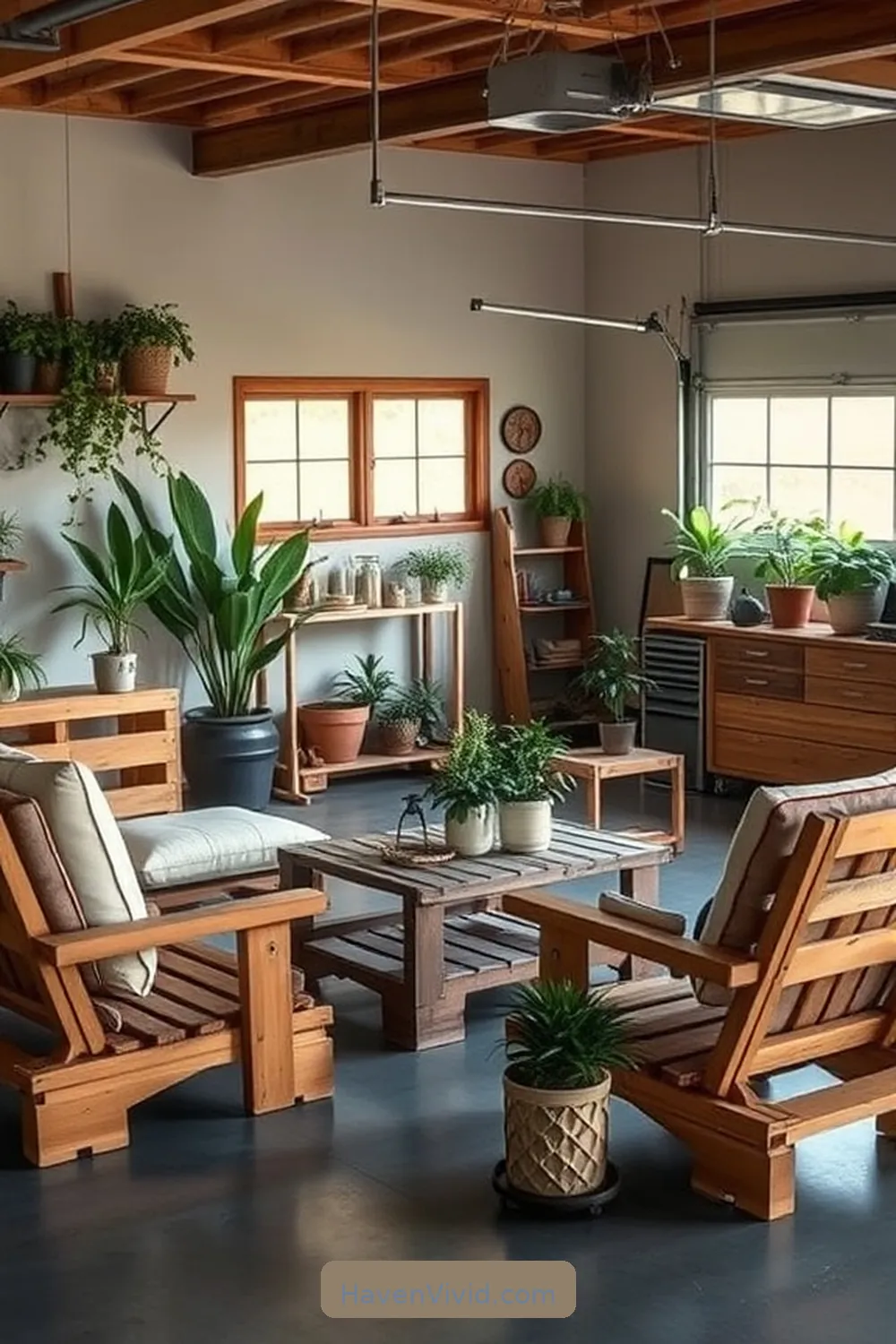 Vintage Pallet Furniture for a Rustic Touch for 14 Chic Ways to Create a Glamorous Garage Using Reclaimed Materials