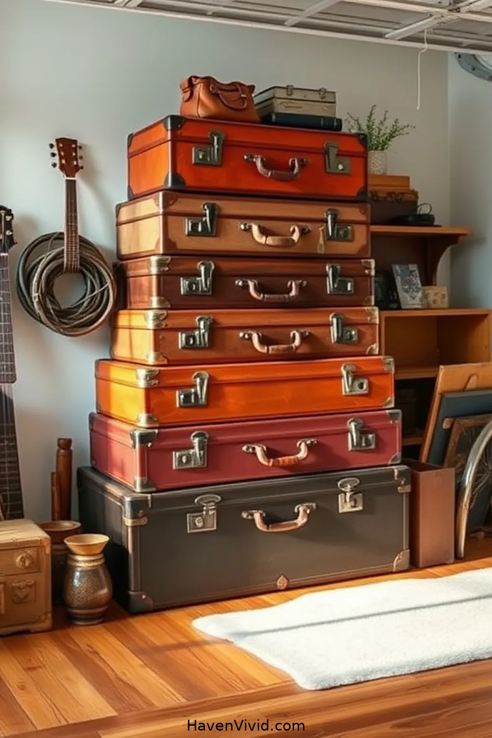 Vintage Suitcases as Creative Storage Solutions for 14 Chic Ways to Create a Glamorous Garage Using Reclaimed Materials