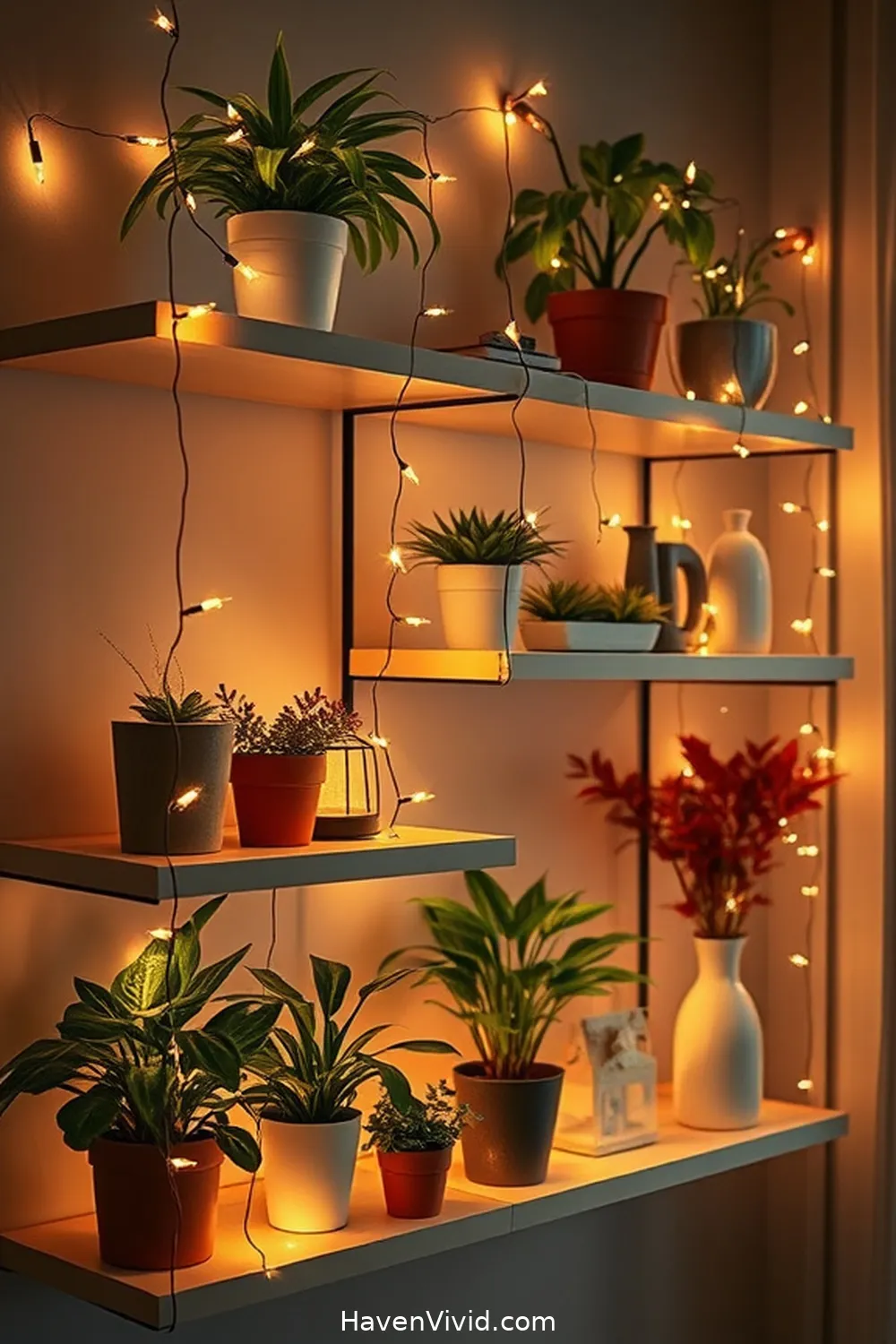 14 Stylish Ways of Using Solar-Powered Lights in Your Urban Living Room 8 Add Solar-Powered Fairy Lights in Shelves for 14 Stylish Ways of Using Solar-Powered Lights in Your Urban Living Room