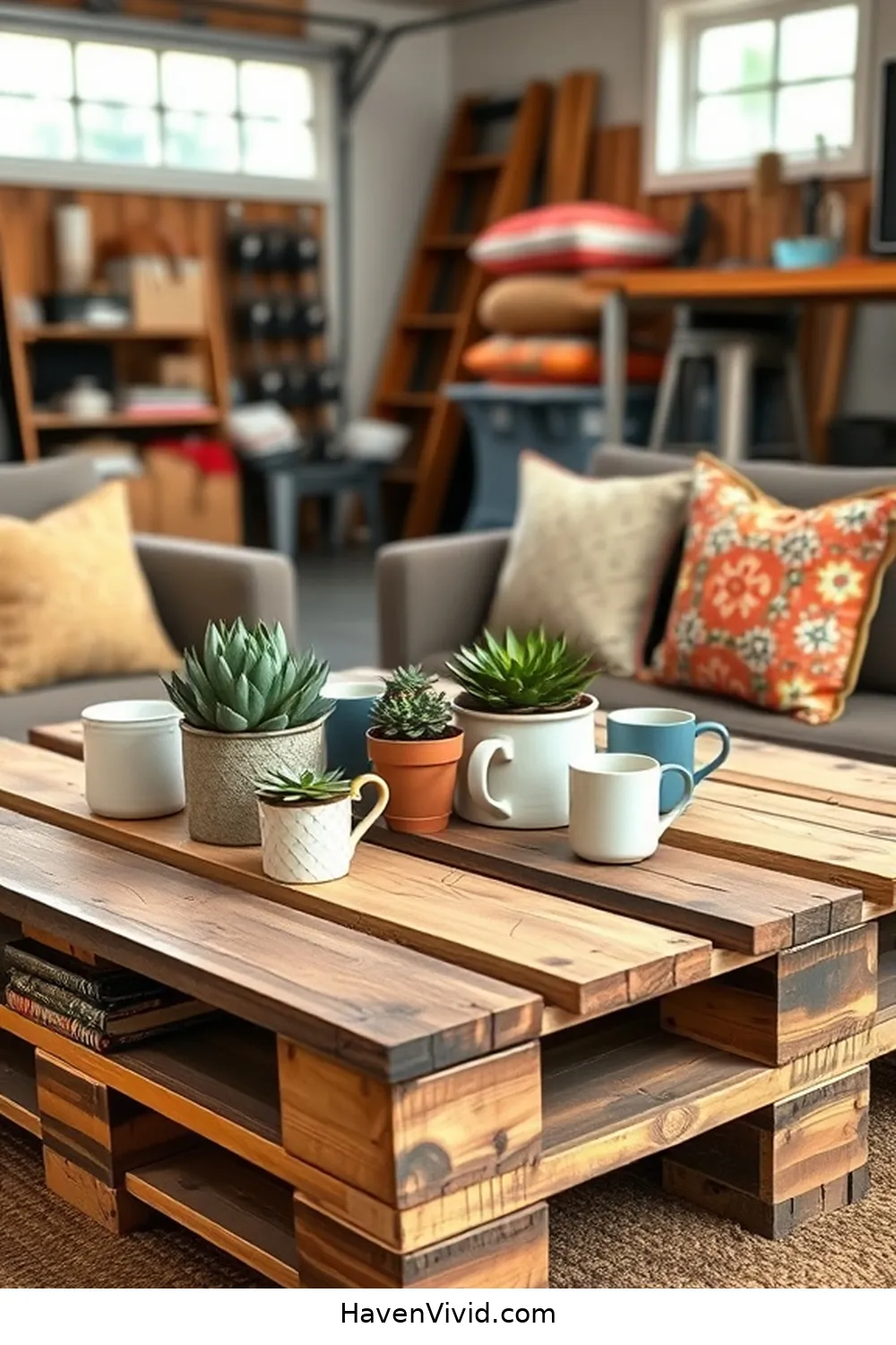 15 Creative Ways for Farmhouse Living in Your Garage Using Recycled Wood 2 Rustic Pallet Coffee Table for 15 Creative Ways for Farmhouse Living in Your Garage Using Recycled Wood