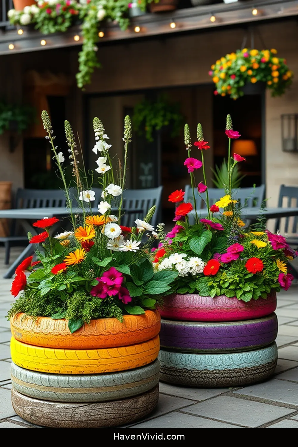 15 Creative Ways to Design Artistic Outdoor Patios Using Reclaimed Materials 4 Vintage Tire Planters for 15 Creative Ways to Design Artistic Outdoor Patios Using Reclaimed Materials
