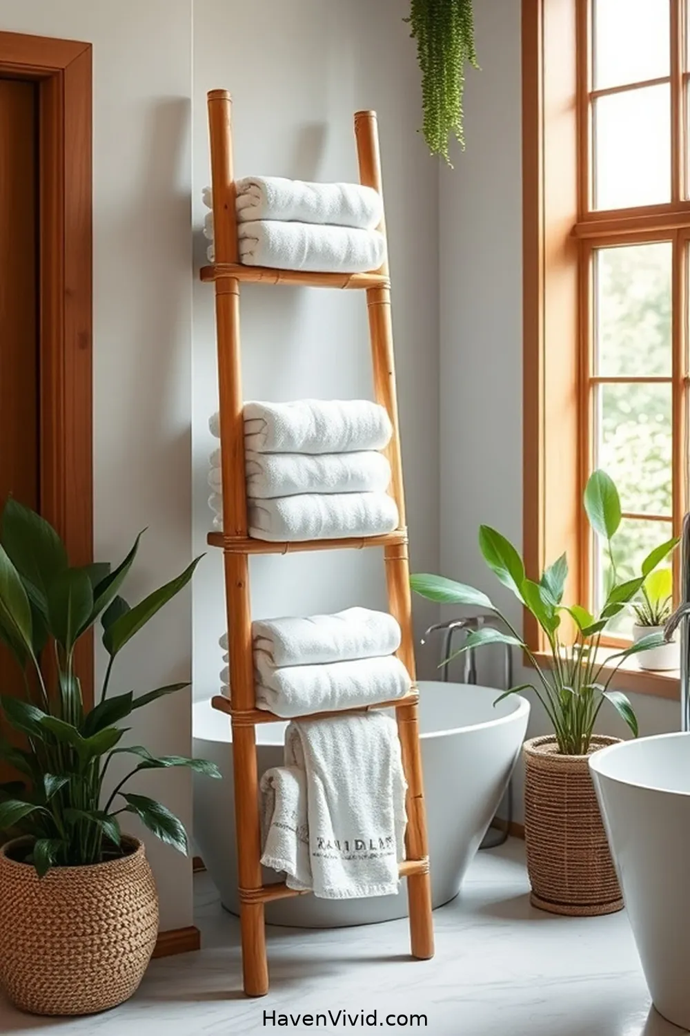 15 Family-Friendly Bathroom Essentials Using Natural Fibers 12 Bamboo Ladder for Towel Storage for 15 Family-Friendly Bathroom Essentials Using Natural Fibers