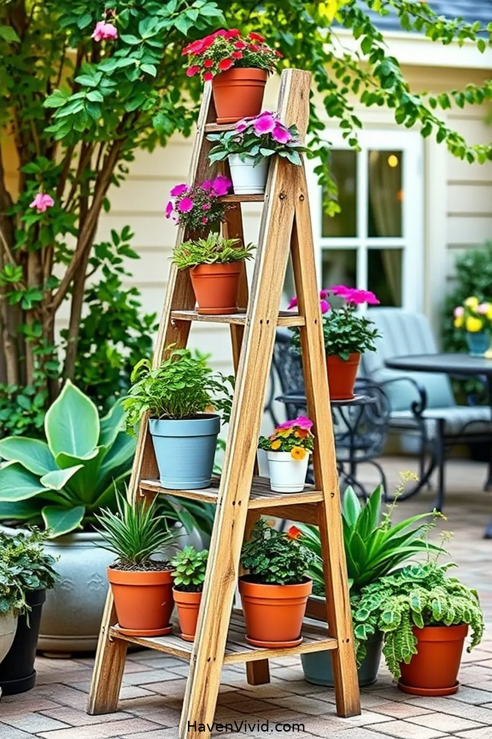 15 Inspiring Farmhouse Outdoor Patio Ideas Using Recycled Wood 14 Upcycled Wood Ladder Plant Stand for 15 Inspiring Farmhouse Outdoor Patio Ideas Using Recycled Wood