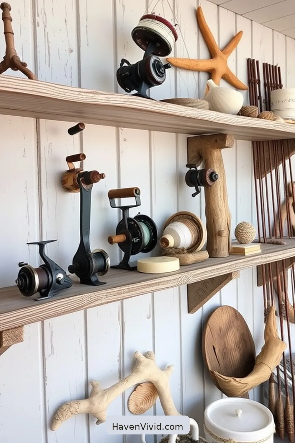 15 Ways to Create a Coastal Living Library Using Reclaimed Materials 7 Antique Fishing Gear Displays for 15 Ways to Create a Coastal Living Library Using Reclaimed Materials