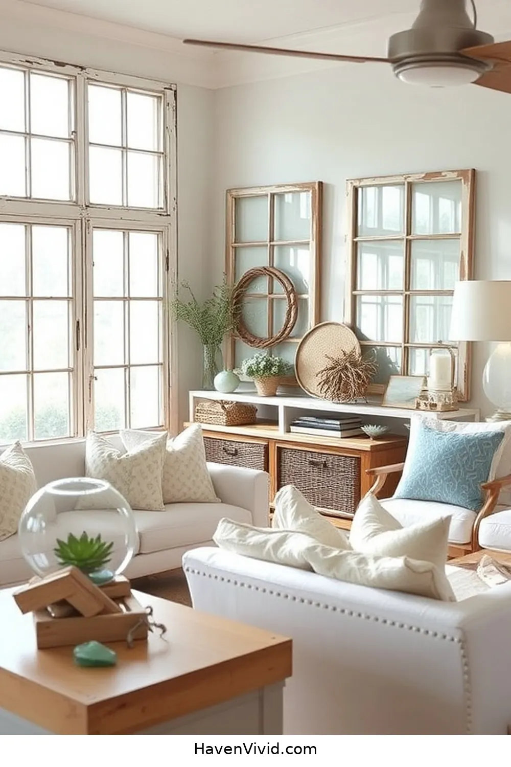 15 Ways to Create a Coastal Living Library Using Reclaimed Materials 9 Salvaged Windows as Artwork for 15 Ways to Create a Coastal Living Library Using Reclaimed Materials