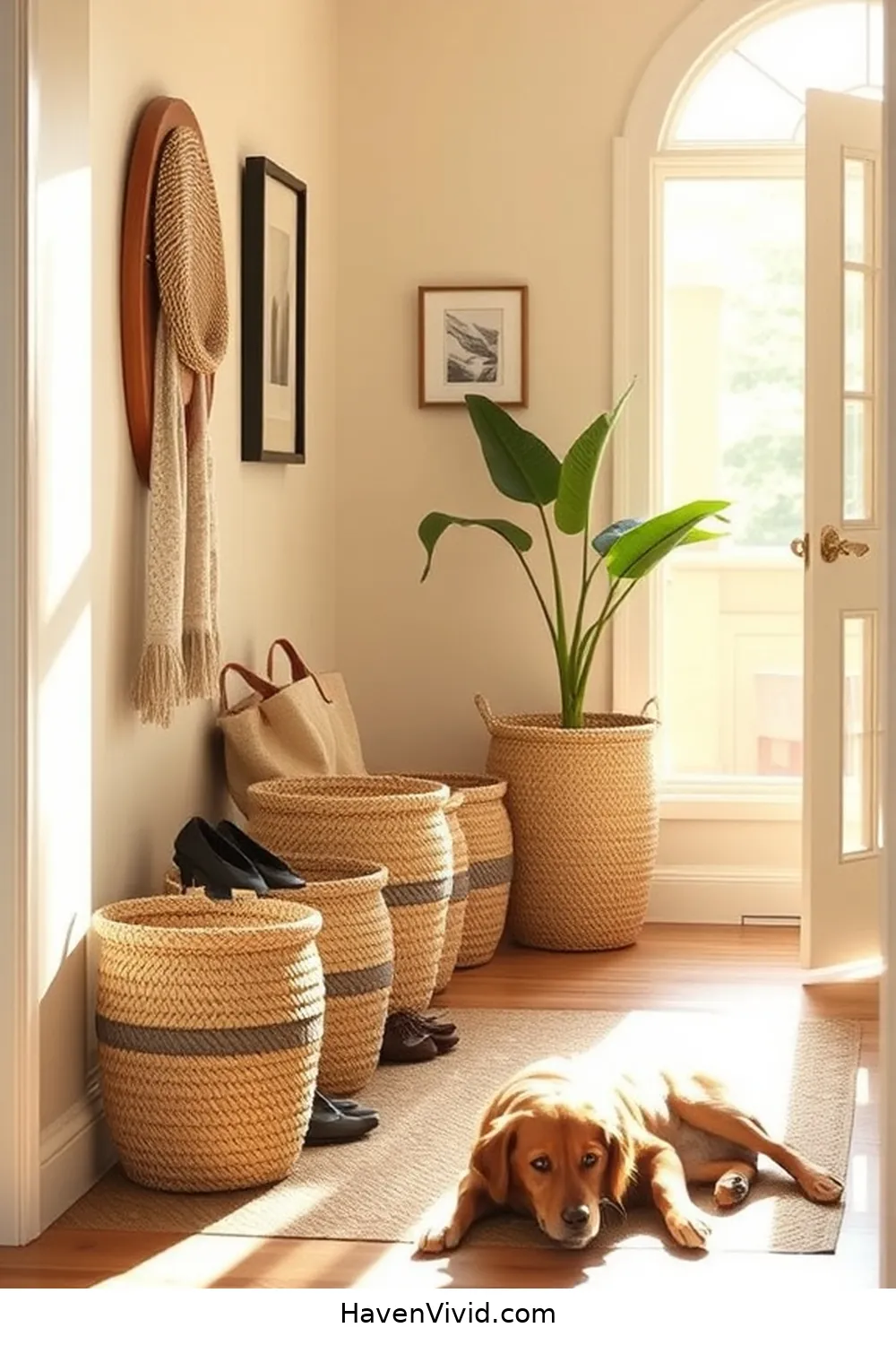 15 Ways to Create a Family-Friendly Hallway Using Natural Fibers 5 Use Seagrass Baskets to Organize Shoes for 15 Ways to Create a Family-Friendly Hallway Using Natural Fibers