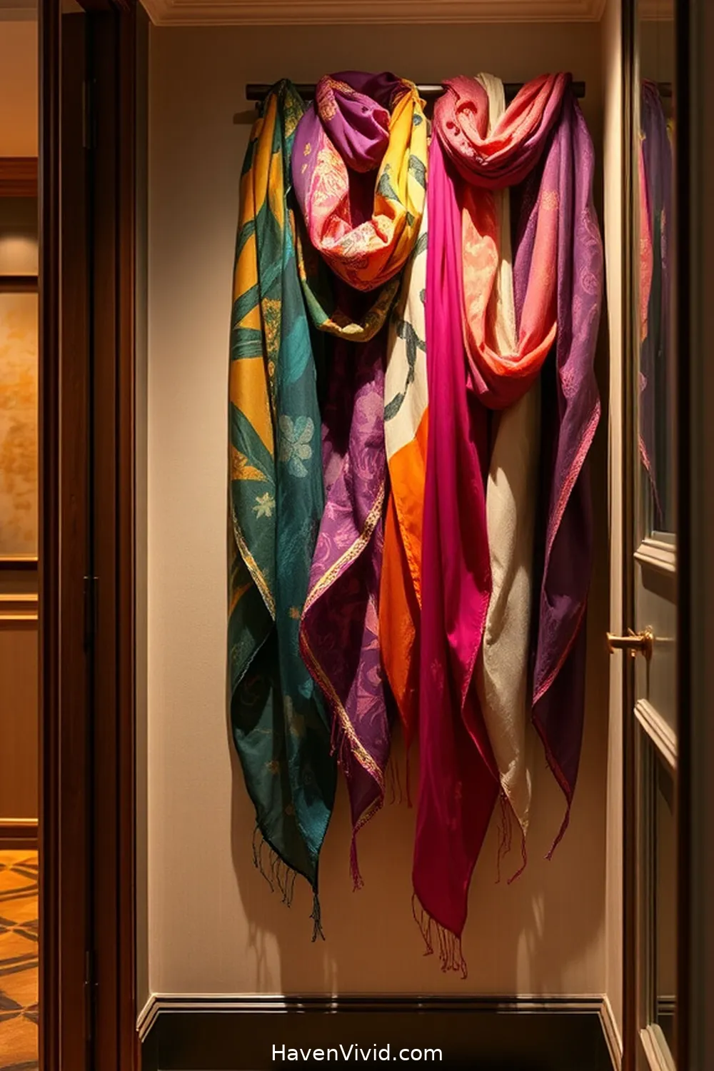16 Tips for a Glamorous Lifestyle Hallway Using Upcycled Fabric 7 Repurpose Old Scarves as Unique Wall Decor for 16 Tips for a Glamorous Lifestyle Hallway Using Upcycled Fabric