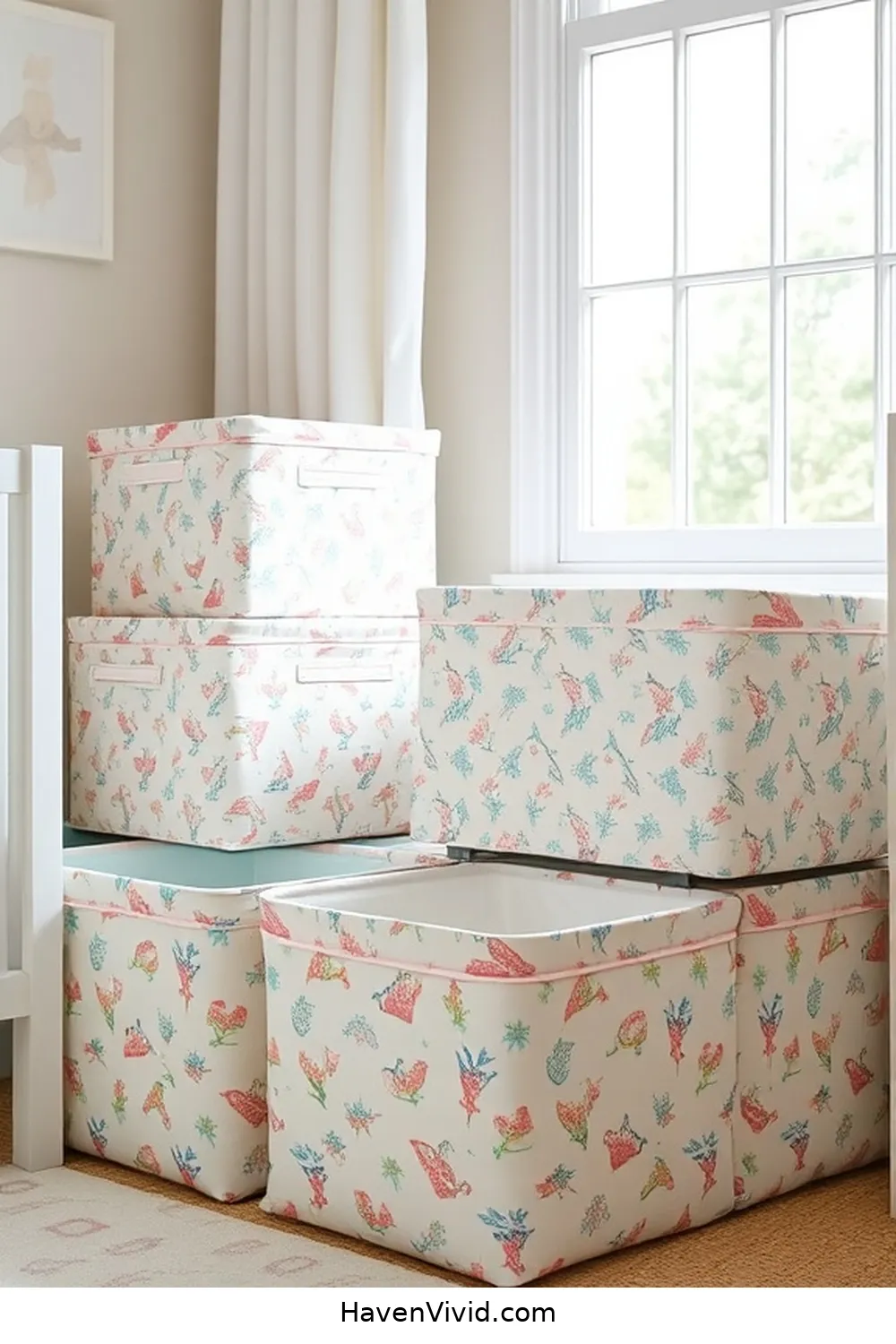 16 Ways to Create a Coastal Living Nursery Using Upcycled Fabric 9 Fabric-Covered Storage Bins for 16 Ways to Create a Coastal Living Nursery Using Upcycled Fabric
