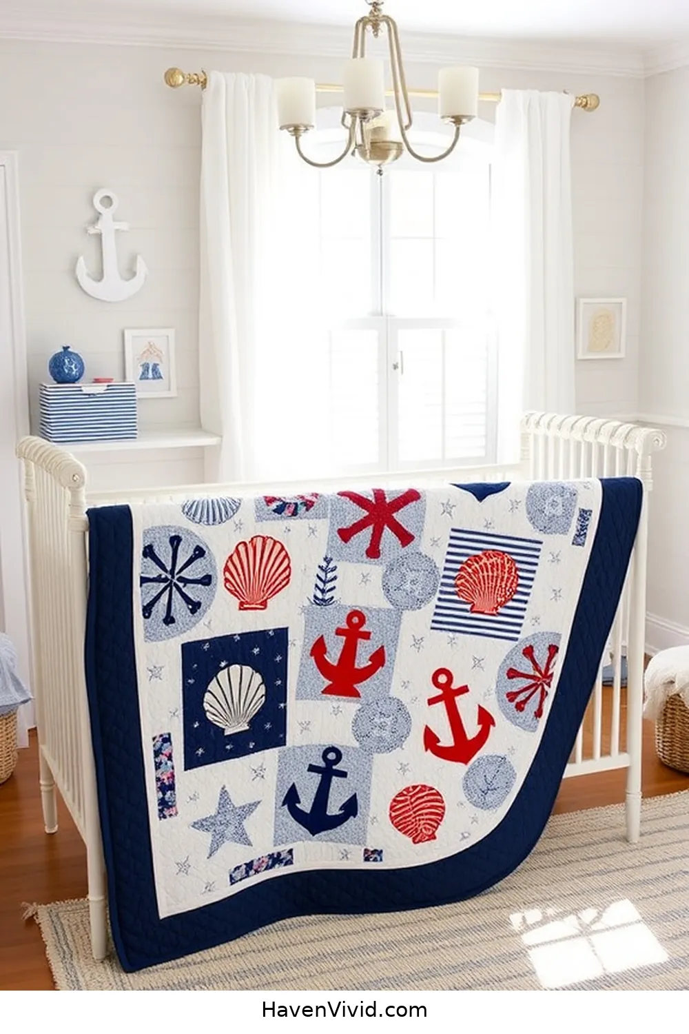 16 Ways to Create a Coastal Living Nursery Using Upcycled Fabric 11 Nautical-Inspired Fabric Quilt for 16 Ways to Create a Coastal Living Nursery Using Upcycled Fabric