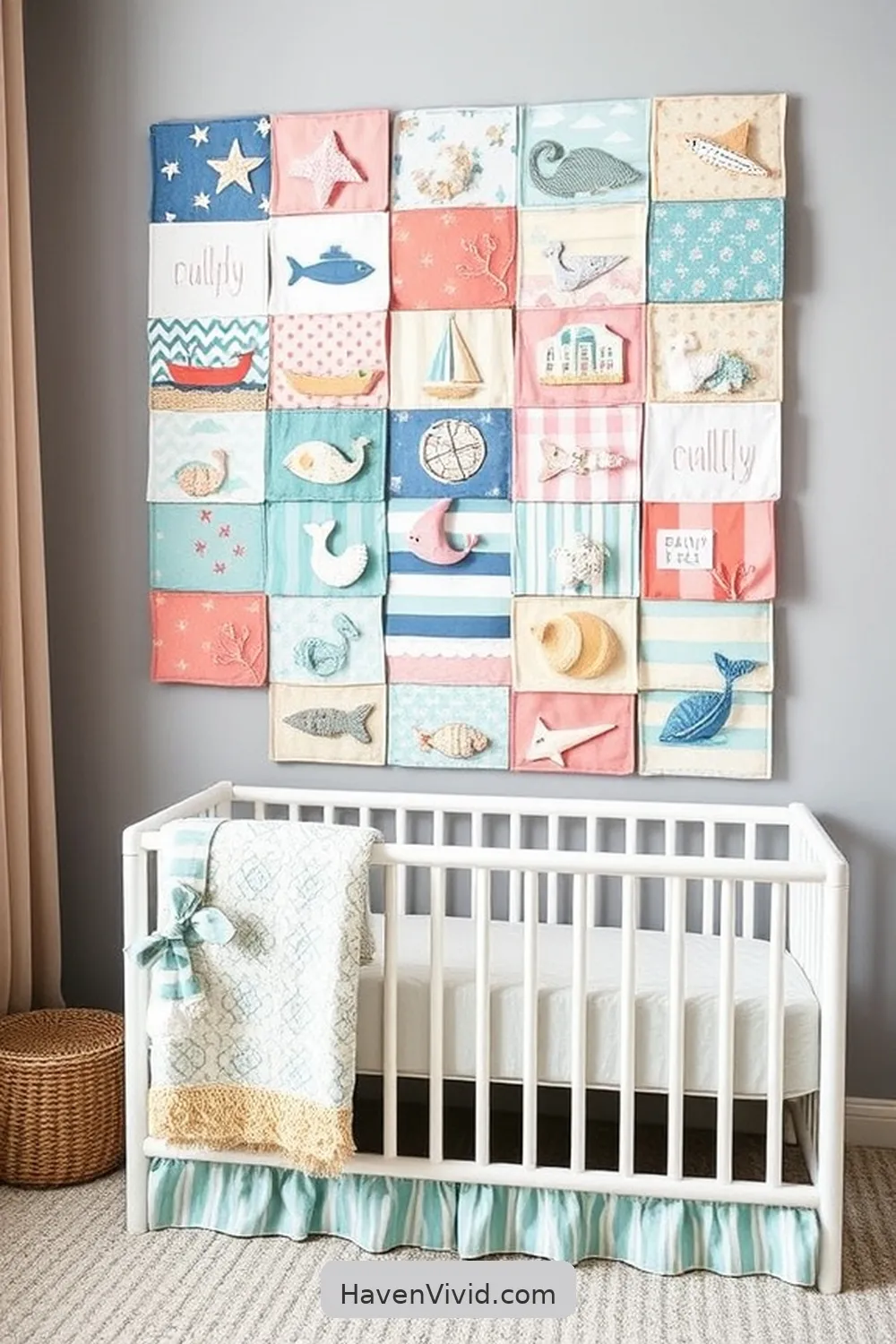 16 Ways to Create a Coastal Living Nursery Using Upcycled Fabric 8 Patchwork Fabric Art for 16 Ways to Create a Coastal Living Nursery Using Upcycled Fabric