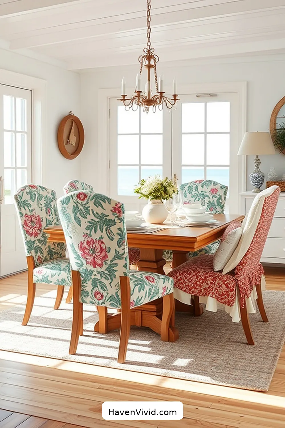16 Ways to Embrace Coastal Living in Your Dining Room Using Upcycled Fabric 9 Vintage Fabric Covered Dining Chairs for a Unique Style for 16 Ways to Embrace Coastal Living in Your Dining Room Using Upcycled Fabric