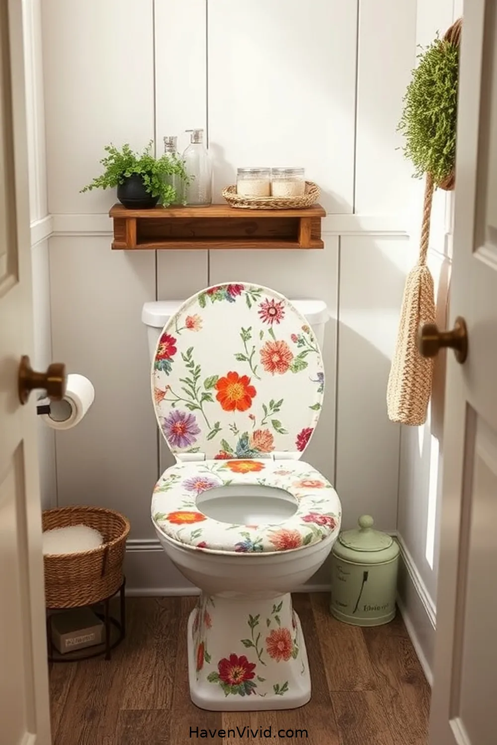 17 Creative Ways for Upcycled Fabric in Your Farmhouse Bathroom 16 Fabric-Padded Toilet Seat Cover for 17 Creative Ways for Upcycled Fabric in Your Farmhouse Bathroom