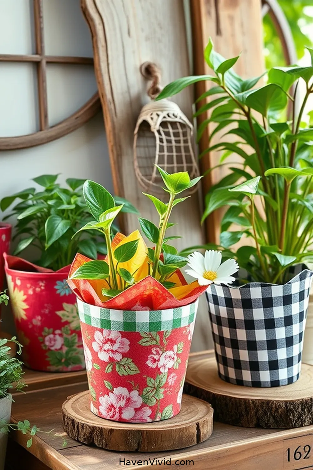 17 Creative Ways for Upcycled Fabric in Your Farmhouse Bathroom 9 Fabric-Wrapped Plant Pots for 17 Creative Ways for Upcycled Fabric in Your Farmhouse Bathroom