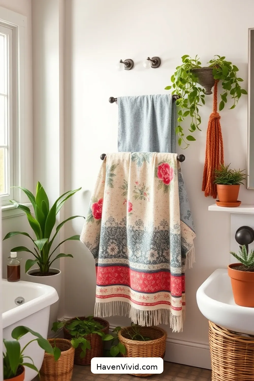 17 Creative Ways for Upcycled Fabric in Your Farmhouse Bathroom 3 Vintage Fabric Towel Rack for 17 Creative Ways for Upcycled Fabric in Your Farmhouse Bathroom