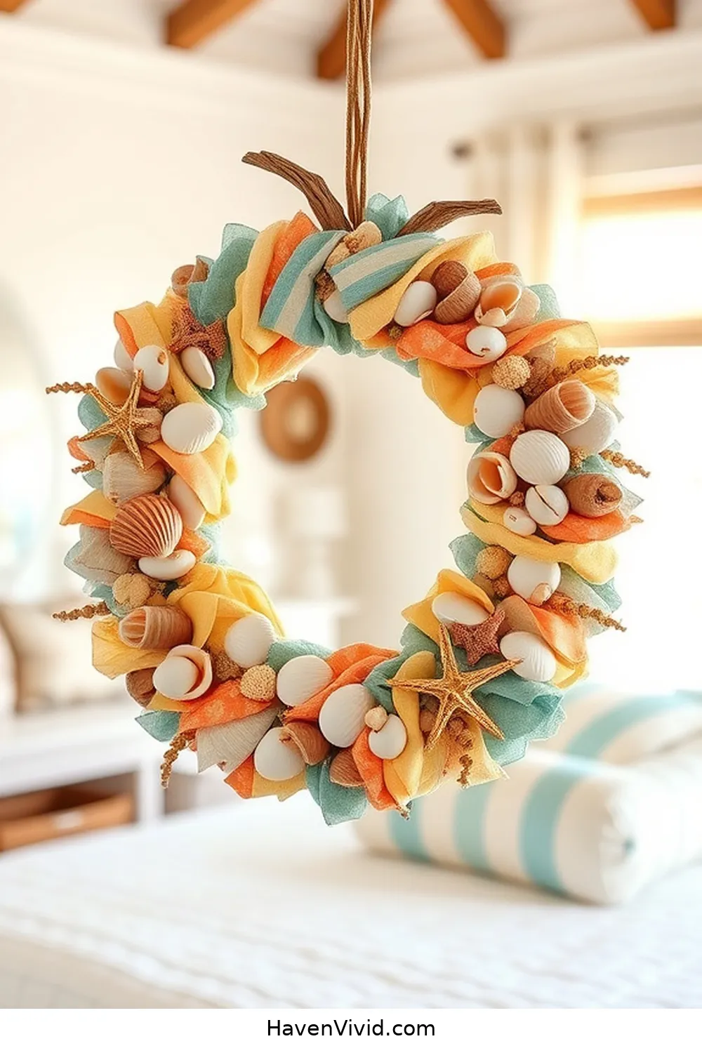 17 Creative Ways to Achieve Coastal Living in Your Bedroom Using Upcycled Fabric 15 Beach-Themed Fabric Wreath for 17 Creative Ways to Achieve Coastal Living in Your Bedroom Using Upcycled Fabric