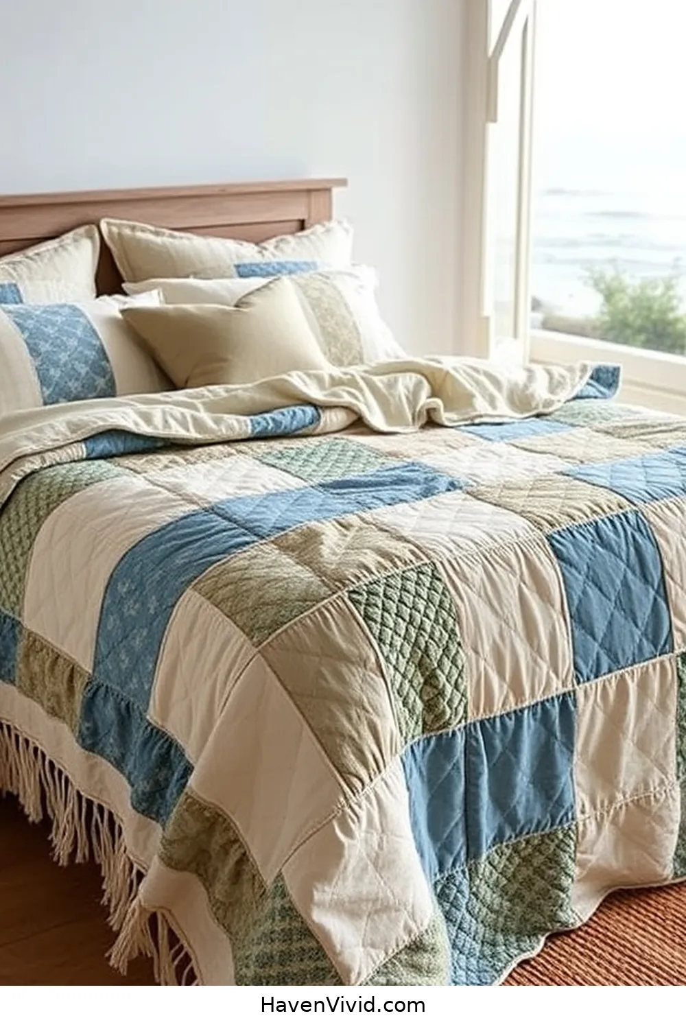 17 Creative Ways to Achieve Coastal Living in Your Bedroom Using Upcycled Fabric 2 Coastal-Inspired Quilted Bedspread for 17 Creative Ways to Achieve Coastal Living in Your Bedroom Using Upcycled Fabric