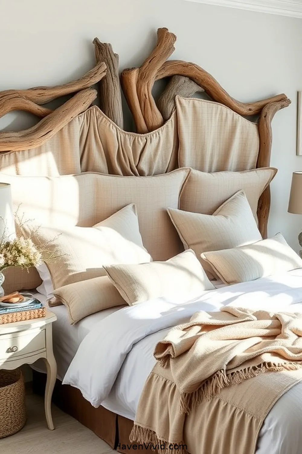 17 Creative Ways to Achieve Coastal Living in Your Bedroom Using Upcycled Fabric 5 Driftwood and Fabric Headboard for 17 Creative Ways to Achieve Coastal Living in Your Bedroom Using Upcycled Fabric