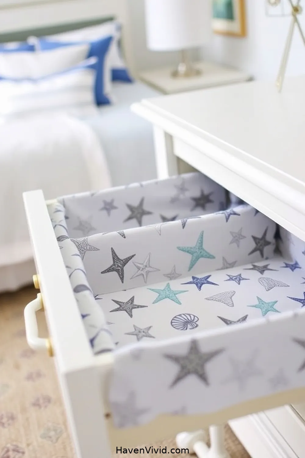 17 Creative Ways to Achieve Coastal Living in Your Bedroom Using Upcycled Fabric 12 Nautical Fabric Drawer Liners for 17 Creative Ways to Achieve Coastal Living in Your Bedroom Using Upcycled Fabric