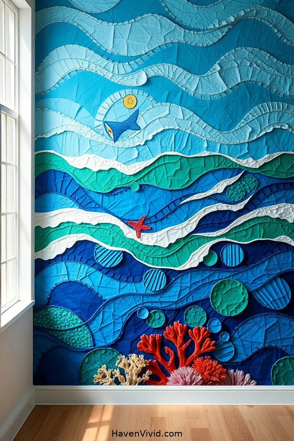 17 Creative Ways to Achieve Coastal Living in Your Bedroom Using Upcycled Fabric 18 Recycled Fabric Ocean Scene Mural for 17 Creative Ways to Achieve Coastal Living in Your Bedroom Using Upcycled Fabric