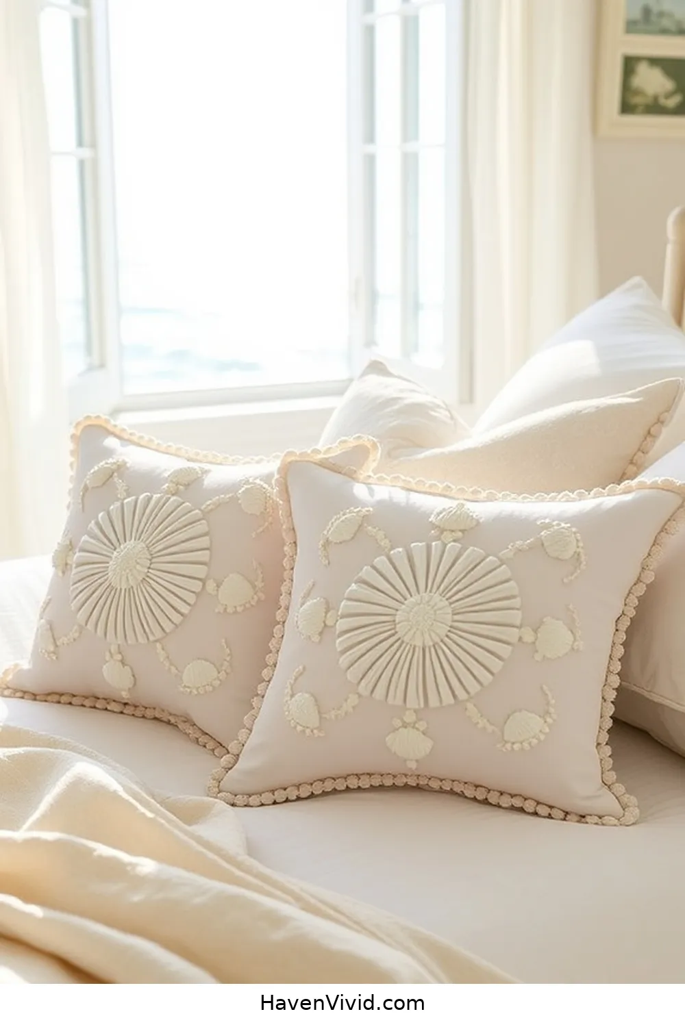 17 Creative Ways to Achieve Coastal Living in Your Bedroom Using Upcycled Fabric 8 Seashell-Embellished Throw Pillows for 17 Creative Ways to Achieve Coastal Living in Your Bedroom Using Upcycled Fabric