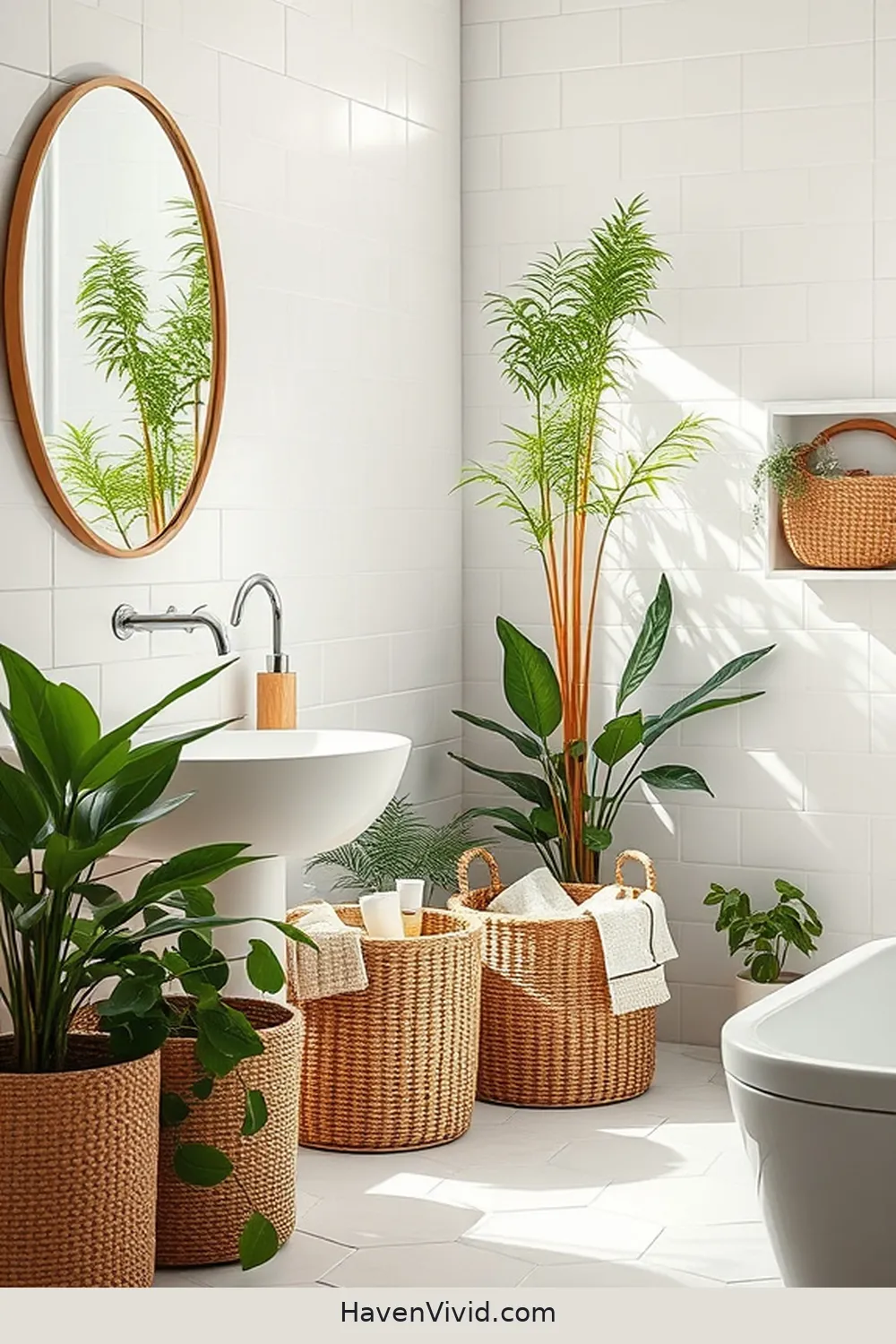 Incorporate Natural Fiber Baskets for Storage for 17 Ways to Embrace Eco-Friendly Living in the Bathroom Using Natural Fibers