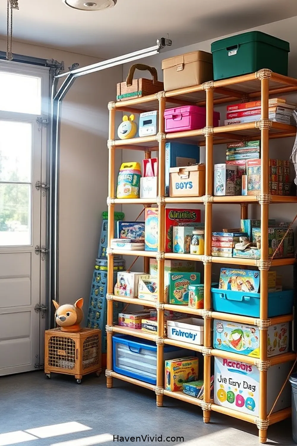 18 Creative Ways for Family-Friendly Garage Living Using Bamboo 2 Bamboo Storage Shelves for Toys and Games for 18 Creative Ways for Family-Friendly Garage Living Using Bamboo