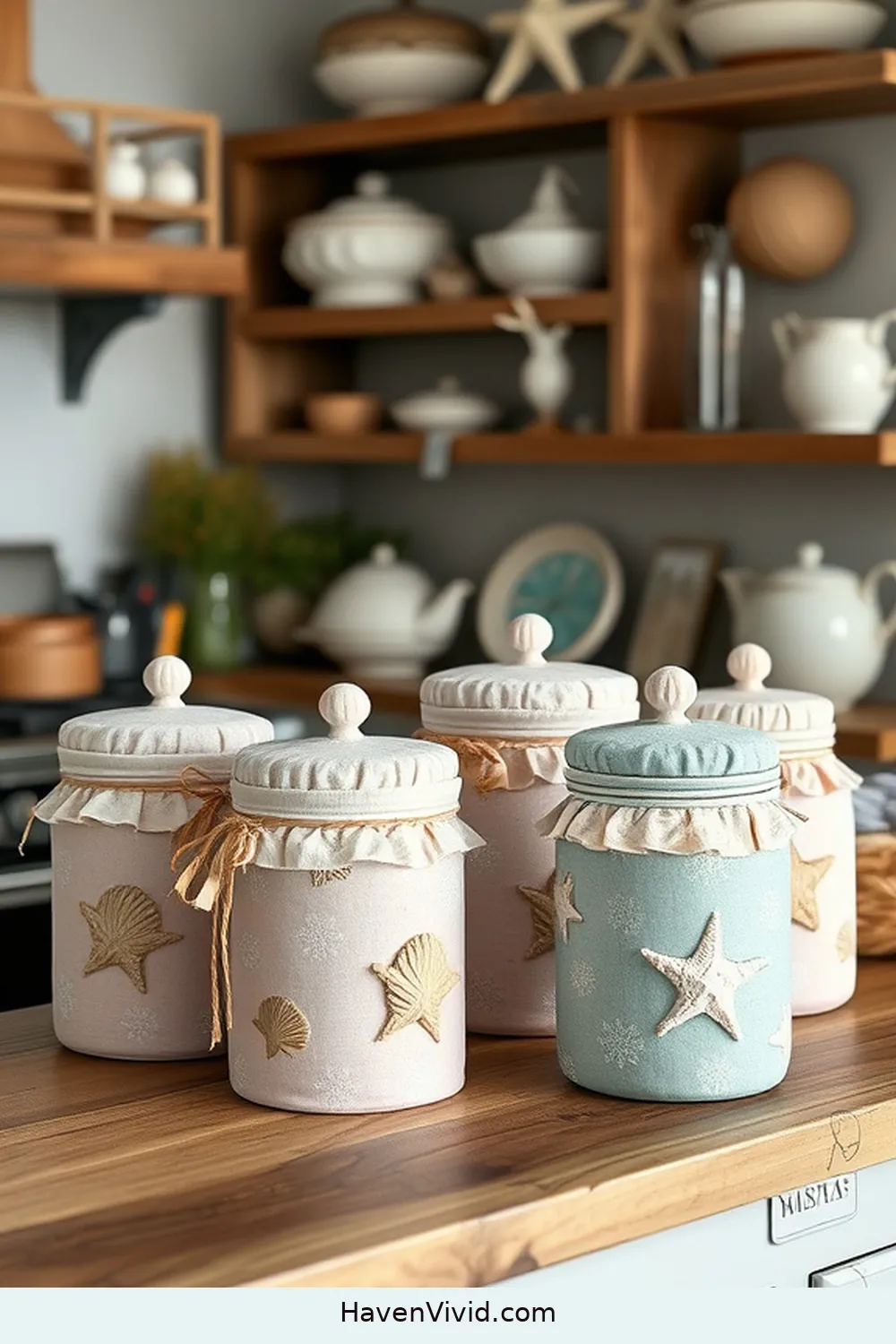 18 Creative Ways to Achieve Coastal Living in Your Kitchen Using Upcycled Fabric 8 Fabric-Covered Jars for Storage for 18 Creative Ways to Achieve Coastal Living in Your Kitchen Using Upcycled Fabric