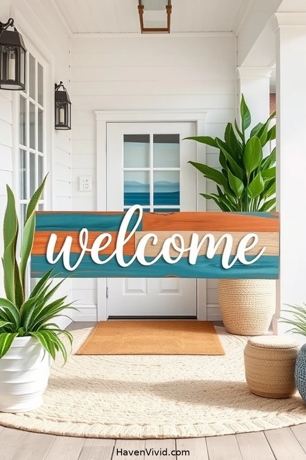 18 Inspiring Coastal Entryway Ideas Using Recycled Wood 12 DIY Wood Welcome Sign With Ocean-Inspired Colors for 18 Inspiring Coastal Entryway Ideas Using Recycled Wood