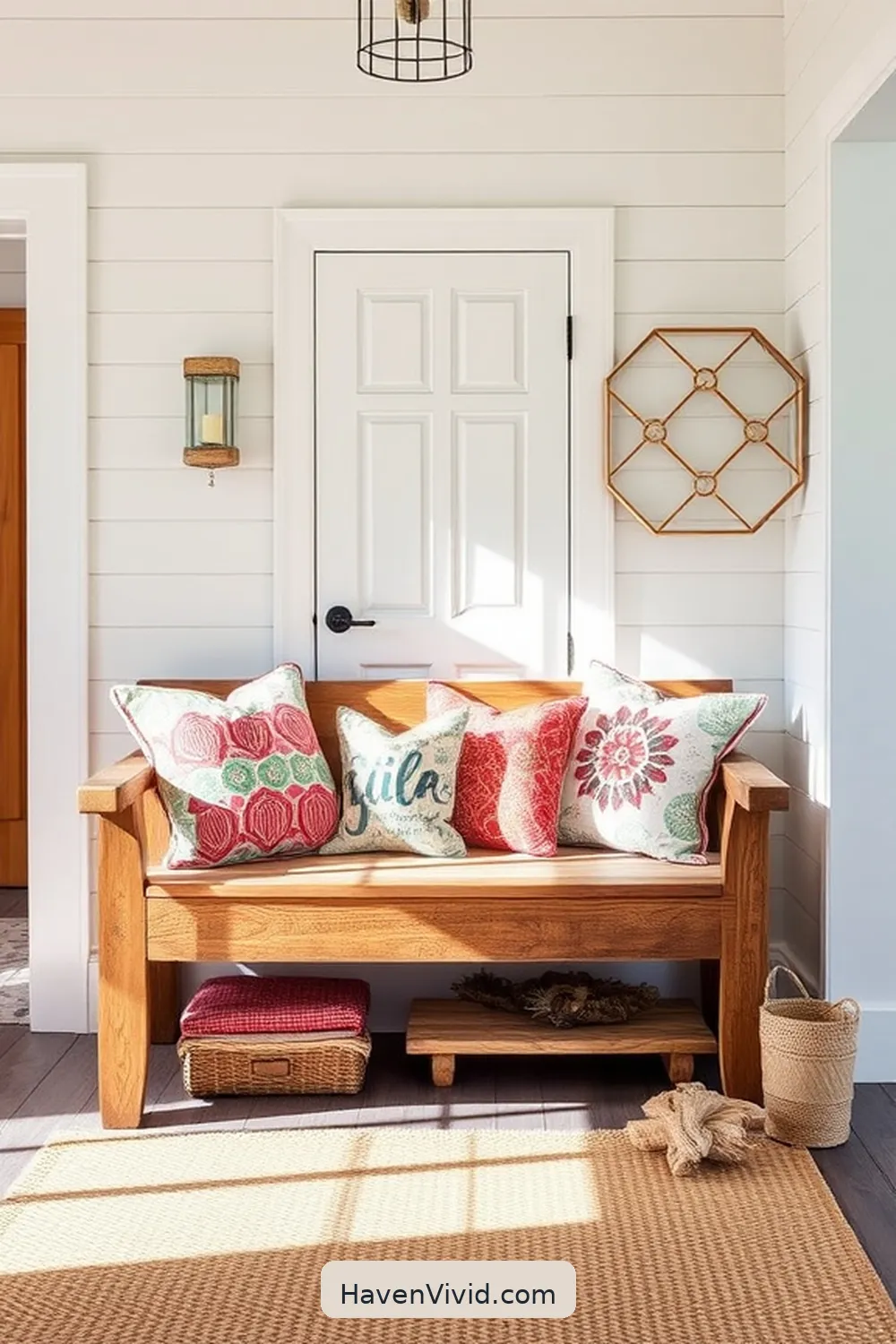 18 Inspiring Coastal Entryway Ideas Using Recycled Wood 2 Reclaimed Wood Bench With Coastal Cushions for 18 Inspiring Coastal Entryway Ideas Using Recycled Wood