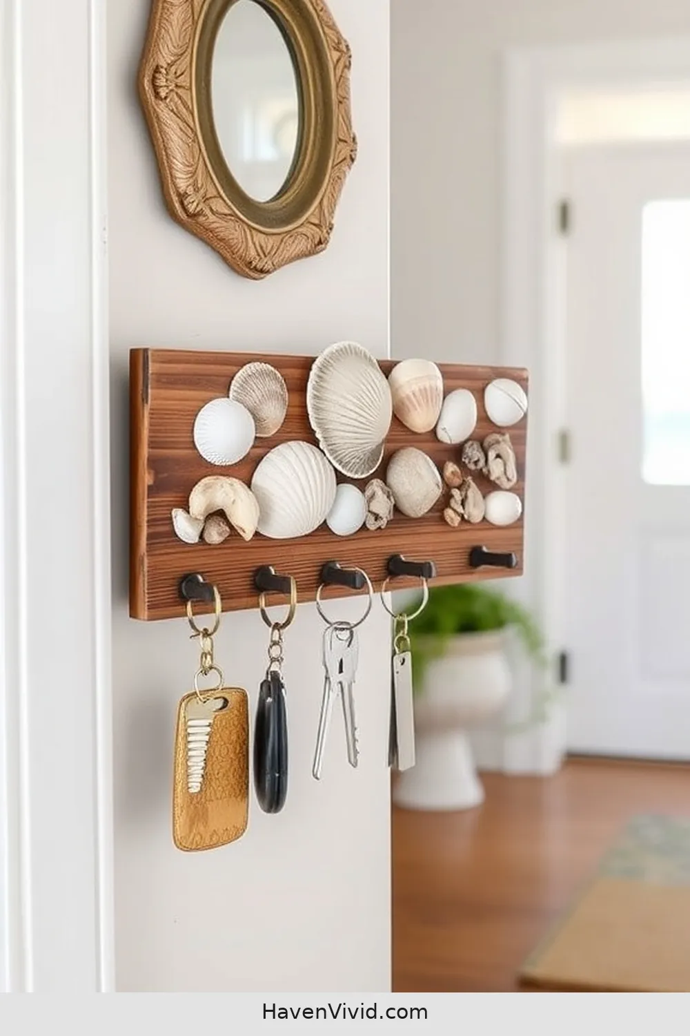 18 Inspiring Coastal Entryway Ideas Using Recycled Wood 11 Recycled Wood Key Holder With Shells for 18 Inspiring Coastal Entryway Ideas Using Recycled Wood