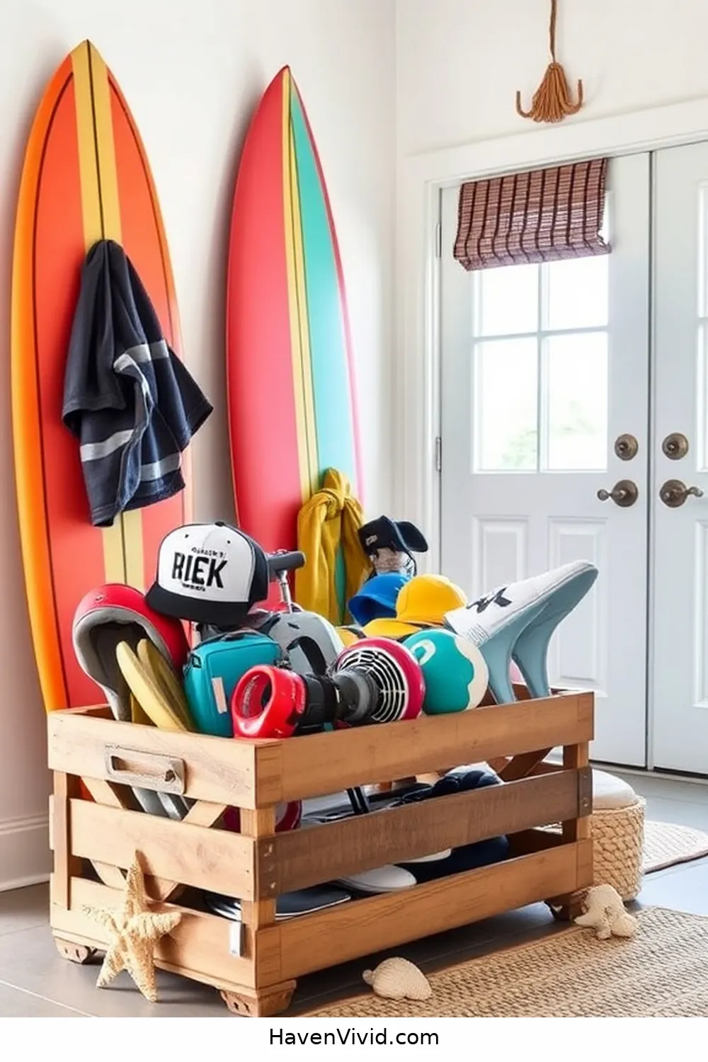 18 Inspiring Coastal Entryway Ideas Using Recycled Wood 9 Wooden Crate Organizer for Beach Gear for 18 Inspiring Coastal Entryway Ideas Using Recycled Wood