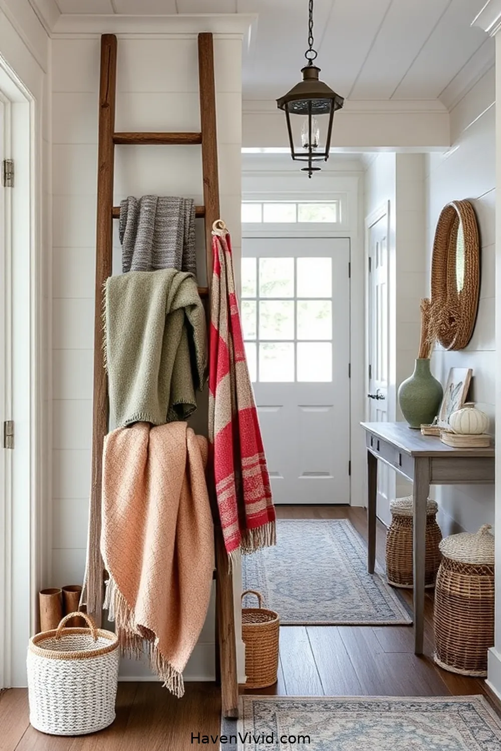 18 Inspiring Coastal Entryway Ideas Using Recycled Wood 13 Wooden Ladder for Throw Blankets for 18 Inspiring Coastal Entryway Ideas Using Recycled Wood