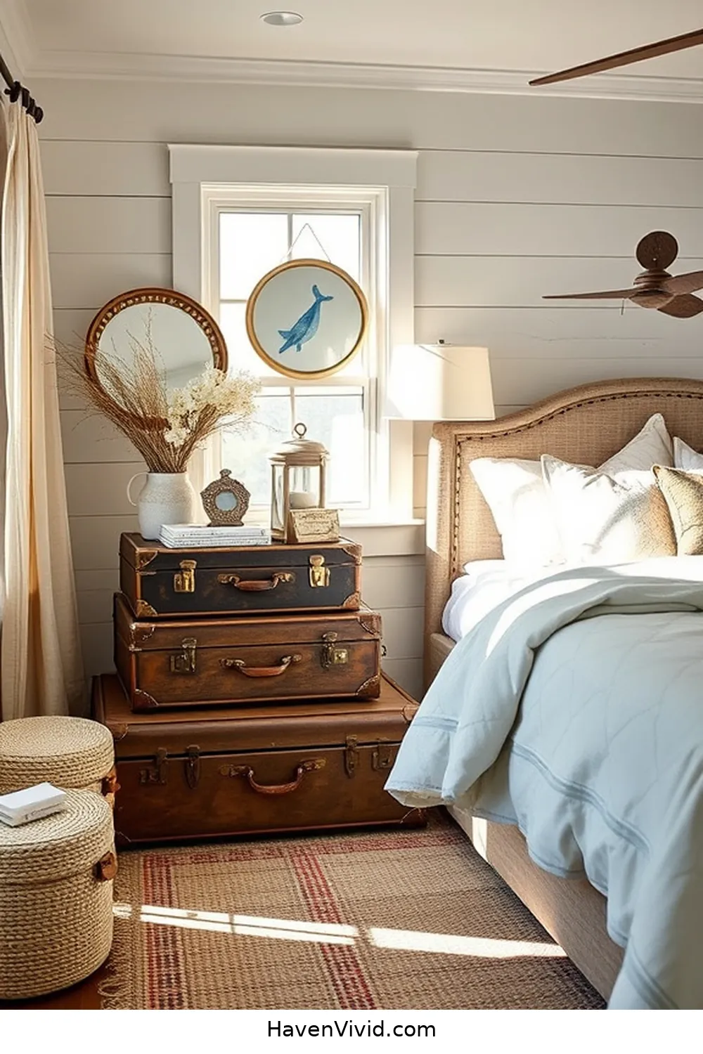 18 Ways to Achieve Coastal Living in Your Bedroom Using Reclaimed Materials 12 Vintage Suitcase Storage for 18 Ways to Achieve Coastal Living in Your Bedroom Using Reclaimed Materials