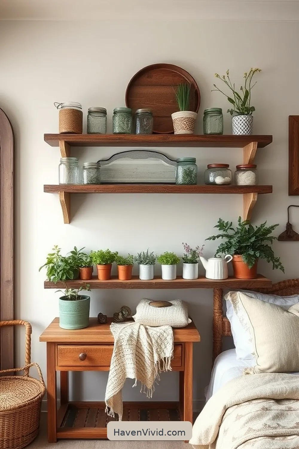 18 Ways to Create a Farmhouse Bedroom Using Reclaimed Materials 4 Create Shelving From Salvaged Barn Wood for 18 Ways to Create a Farmhouse Bedroom Using Reclaimed Materials