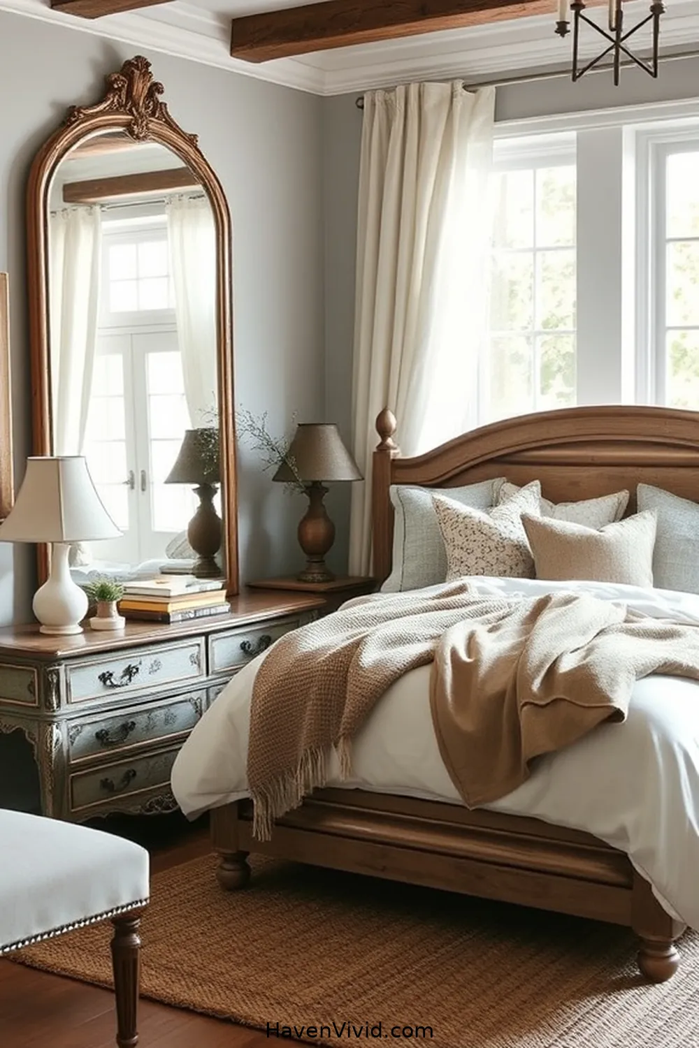 18 Ways to Create a Farmhouse Bedroom Using Reclaimed Materials 14 Incorporate Vintage Mirrors for Depth for 18 Ways to Create a Farmhouse Bedroom Using Reclaimed Materials