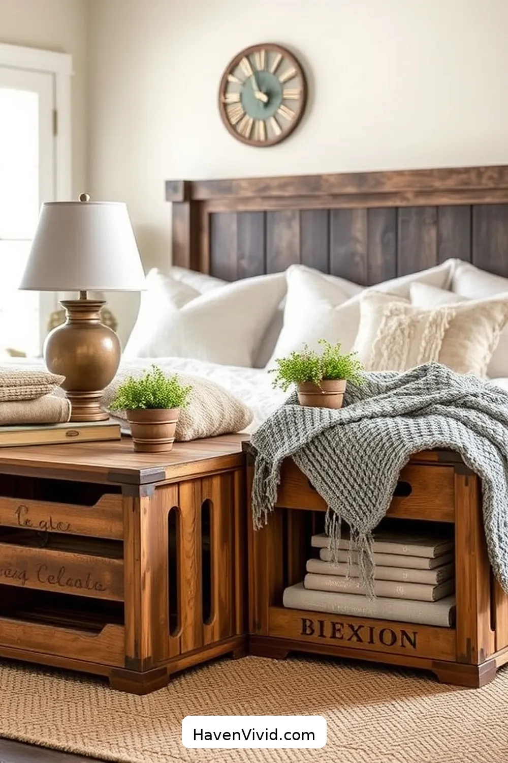 18 Ways to Create a Farmhouse Bedroom Using Reclaimed Materials 18 Repurpose Antique Crates for Nightstands for 18 Ways to Create a Farmhouse Bedroom Using Reclaimed Materials