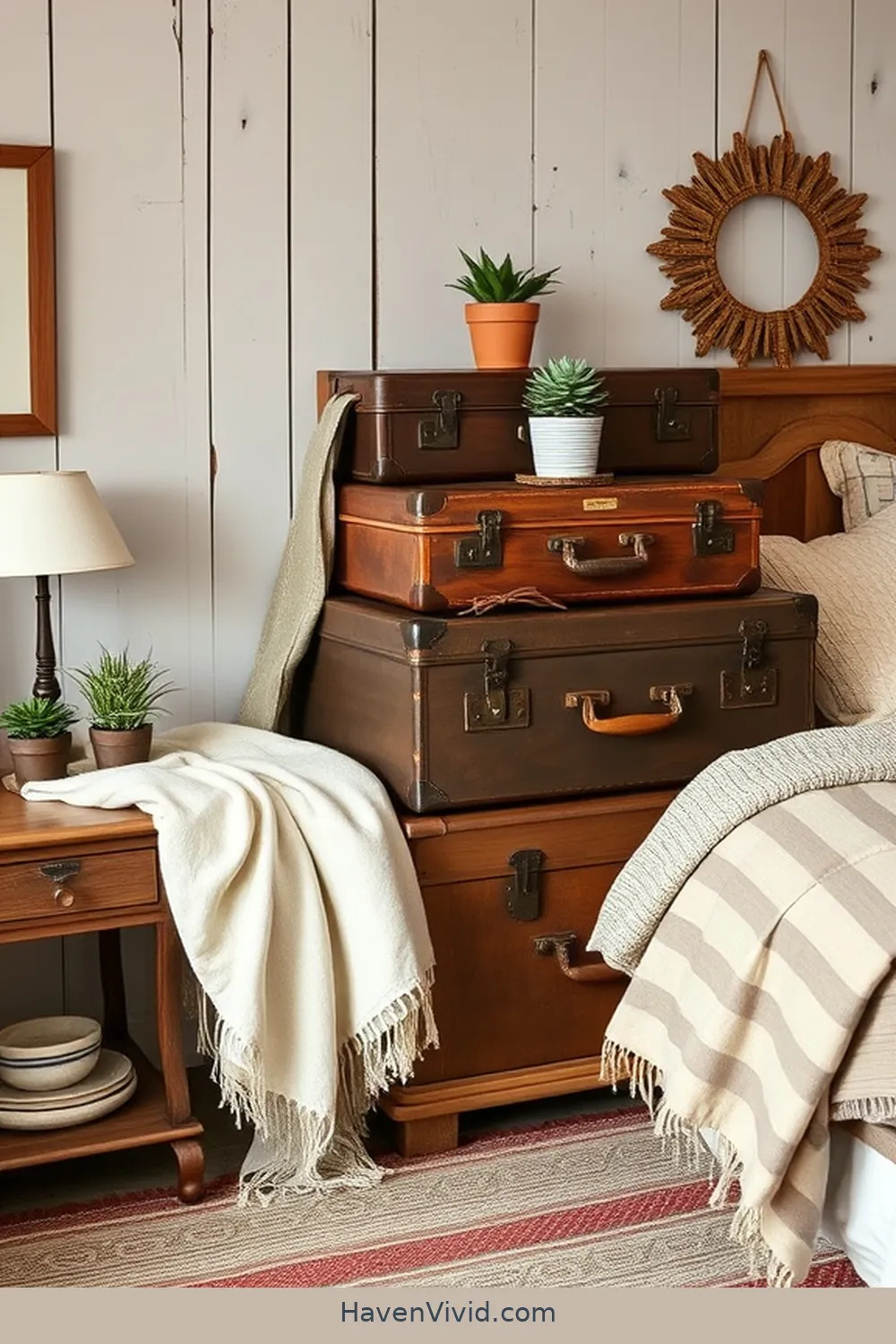 18 Ways to Create a Farmhouse Bedroom Using Reclaimed Materials 12 Use Old Suitcases for Storage and DΓ©cor for 18 Ways to Create a Farmhouse Bedroom Using Reclaimed Materials